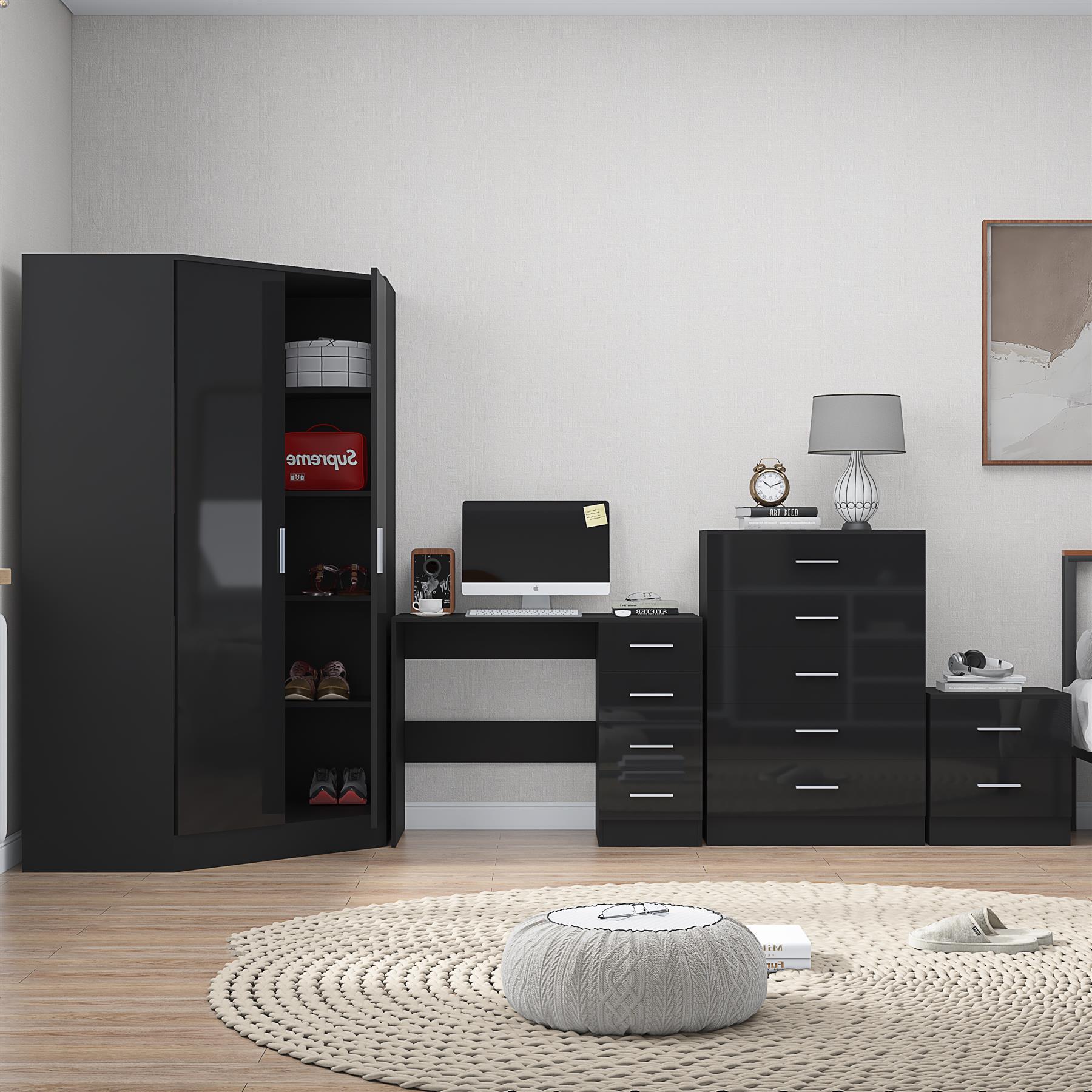 REFLECT Gloss 4pc Set - 2 Door Corner Wardrobe + 5 Draw Chest + Bedside + Desk - Picture 5 of 41