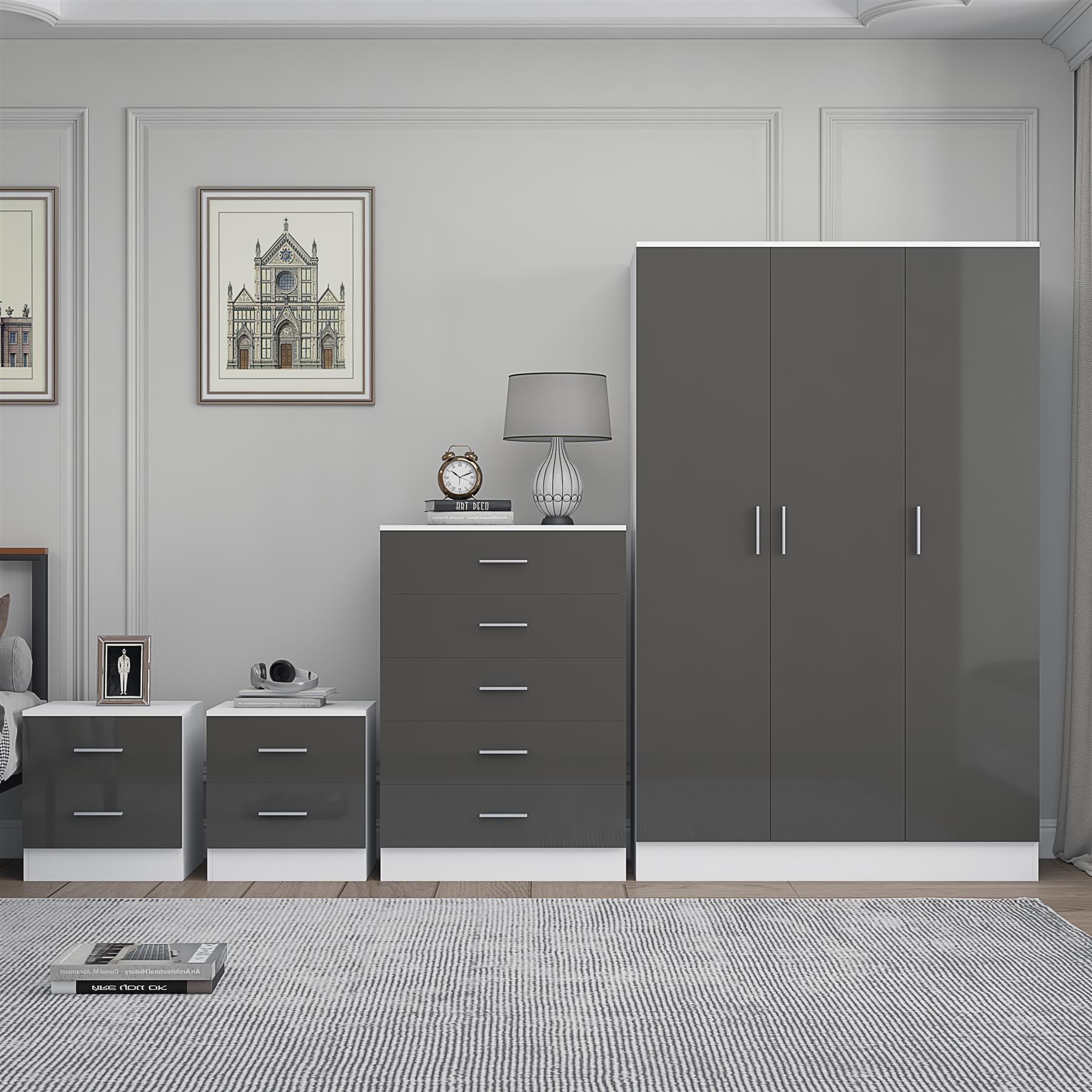 REFLECT Gloss 4pc Bedroom Set - 3 Door Wardrobe + 5 Draw Chest + 2 Bedsides - Picture 31 of 52