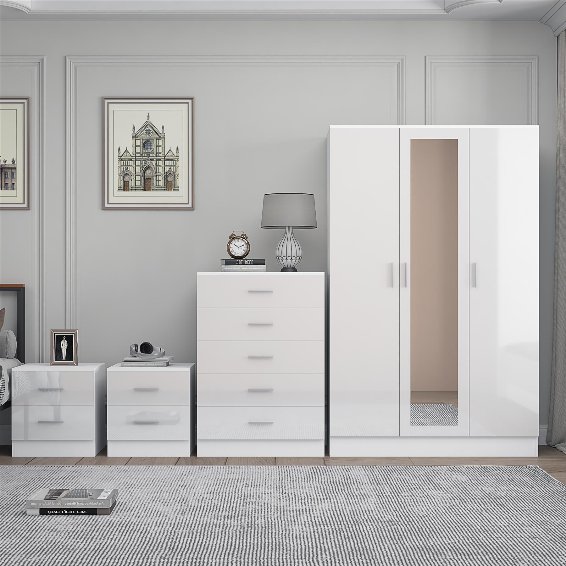 REFLECT Gloss 4pc Set - 3 Door Mirrored Wardrobe + 5 Draw Chest + 2 Bedsides - Picture 43 of 52