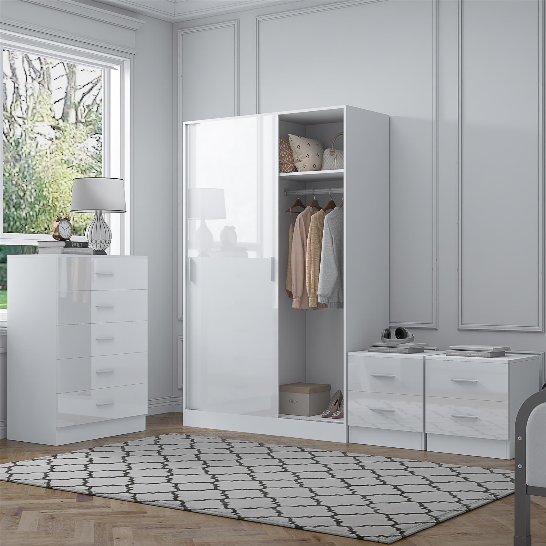 REFLECT Gloss 4pc Set - 2 Door Sliding Wardrobe + 5 Draw Chest + 2 Bedsides - Picture 32 of 41