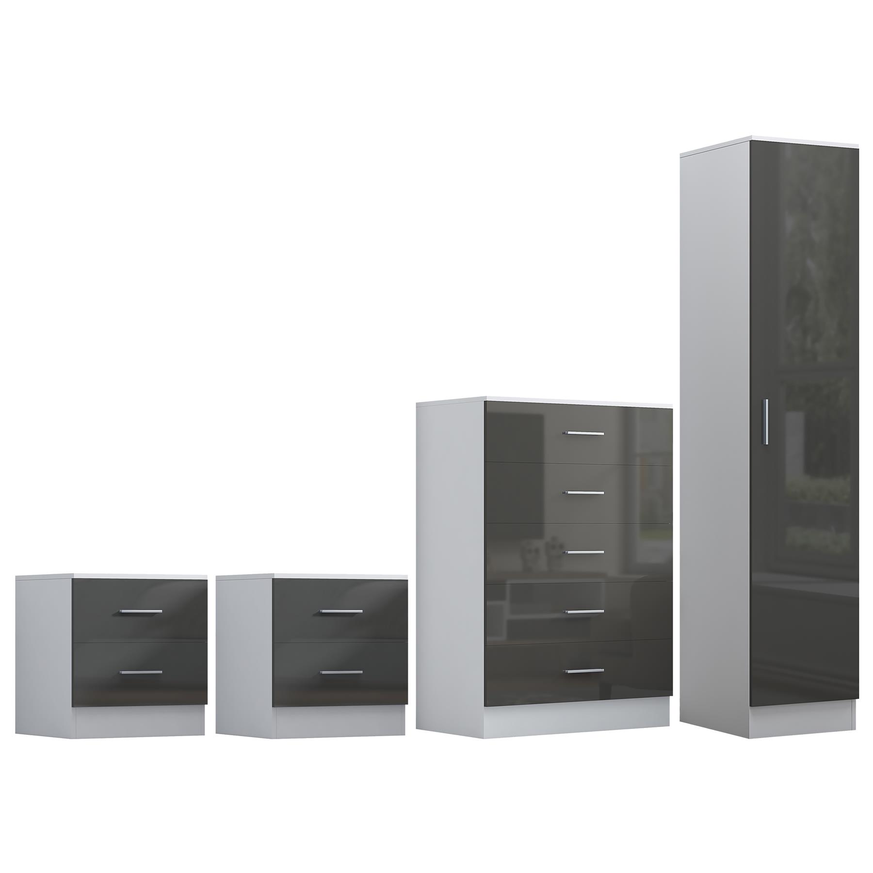 REFLECT Gloss 4pc Bedroom Set - 1 Door Wardrobe + 5 Draw Chest + 2 Bedsides - Picture 31 of 49