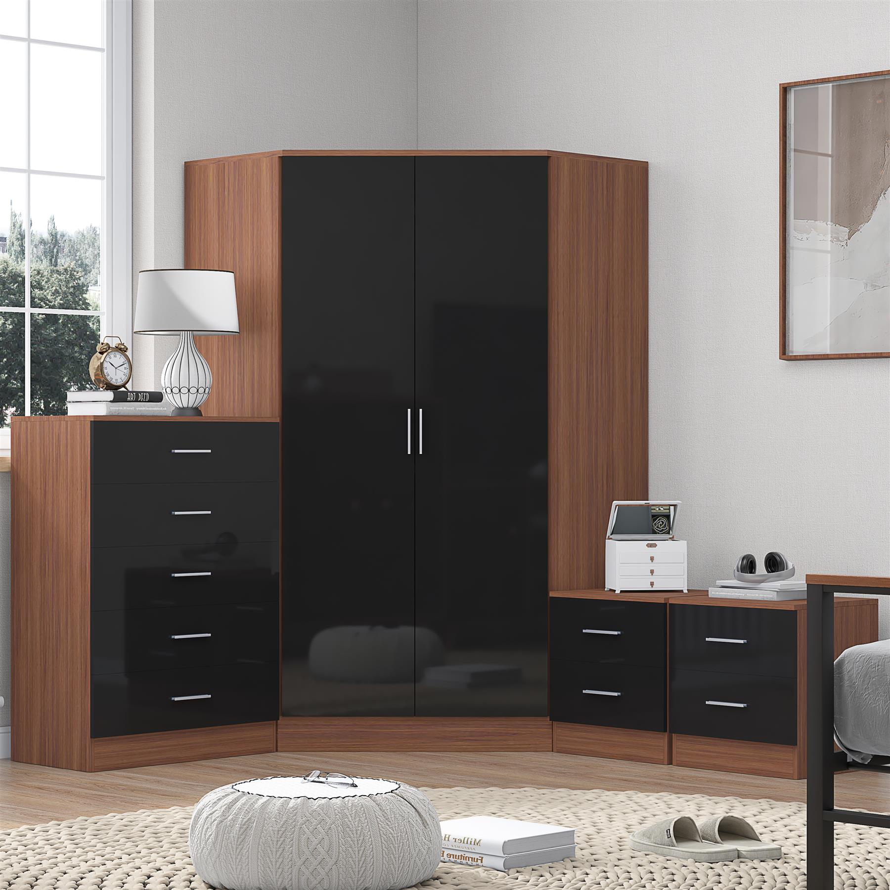 REFLECT Gloss 4pc Set - 2 Door Corner Wardrobe + 5 Draw Chest + 2 Bedsides - Picture 12 of 41