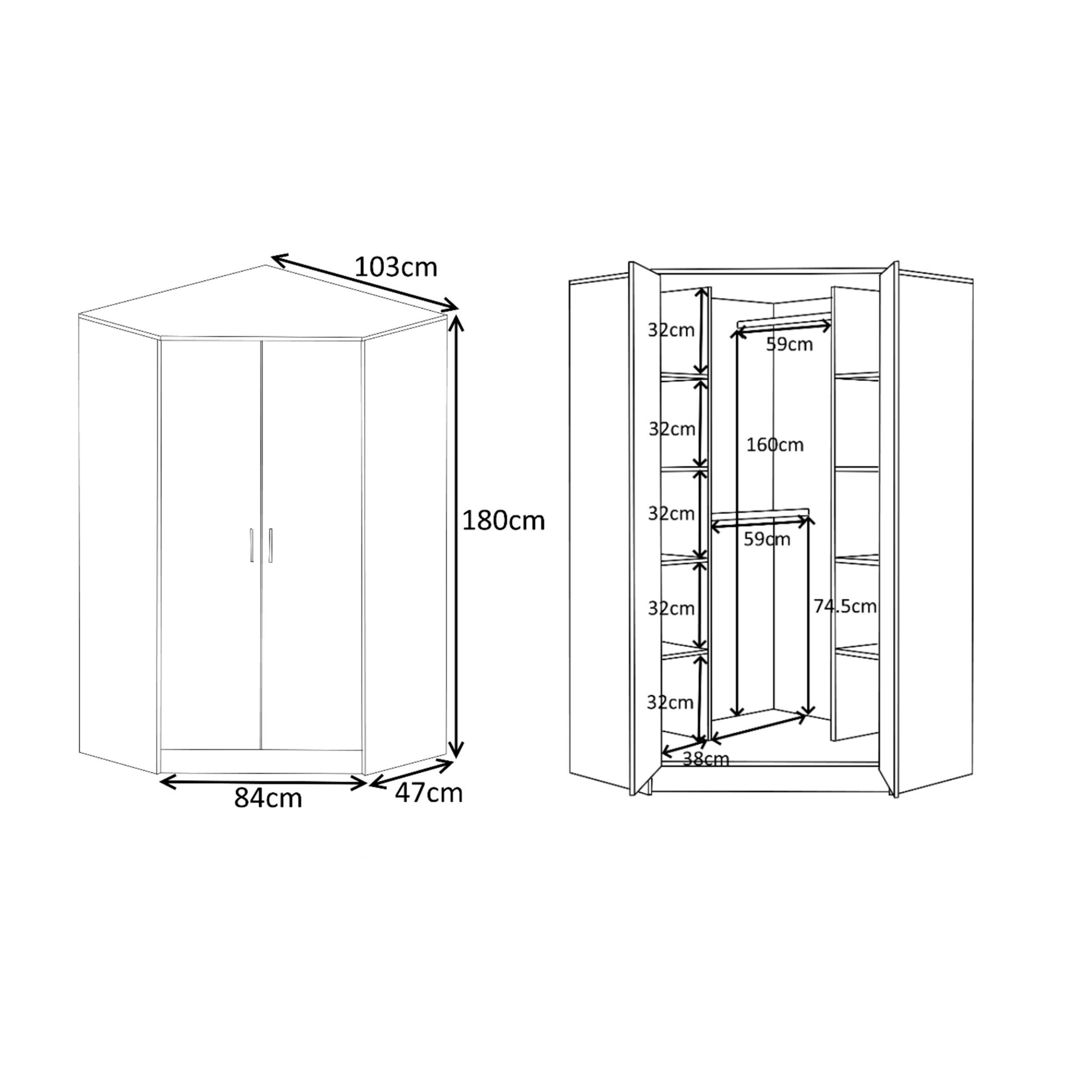 REFLECT Gloss 4pc Set - 2 Door Corner Wardrobe + 5 Draw Chest + Bedside + Desk - Picture 18 of 41