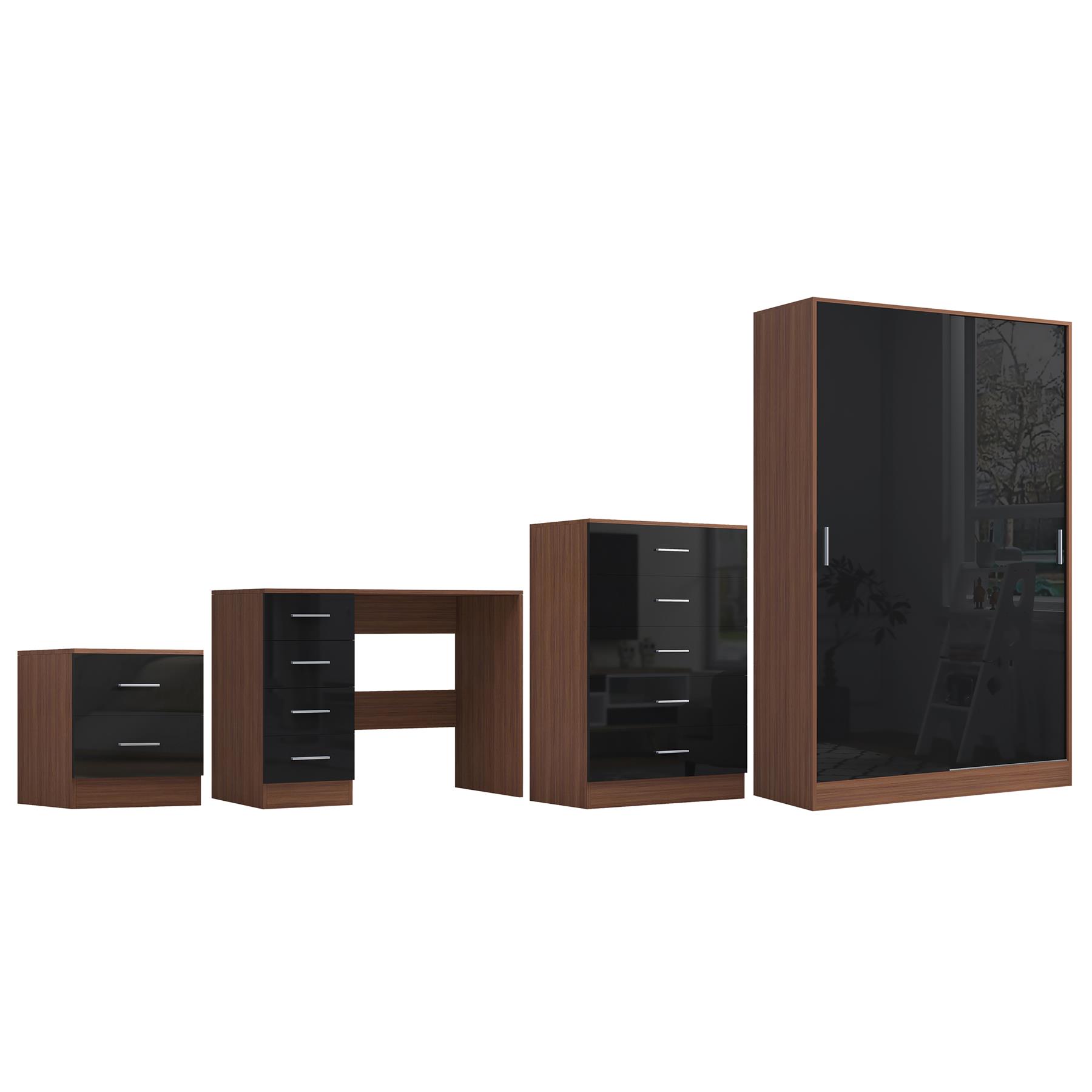 REFLECT Gloss 4pc Set - 2 Door Sliding Wardrobe + 5 Draw Chest + Bedside + Desk - Picture 16 of 41