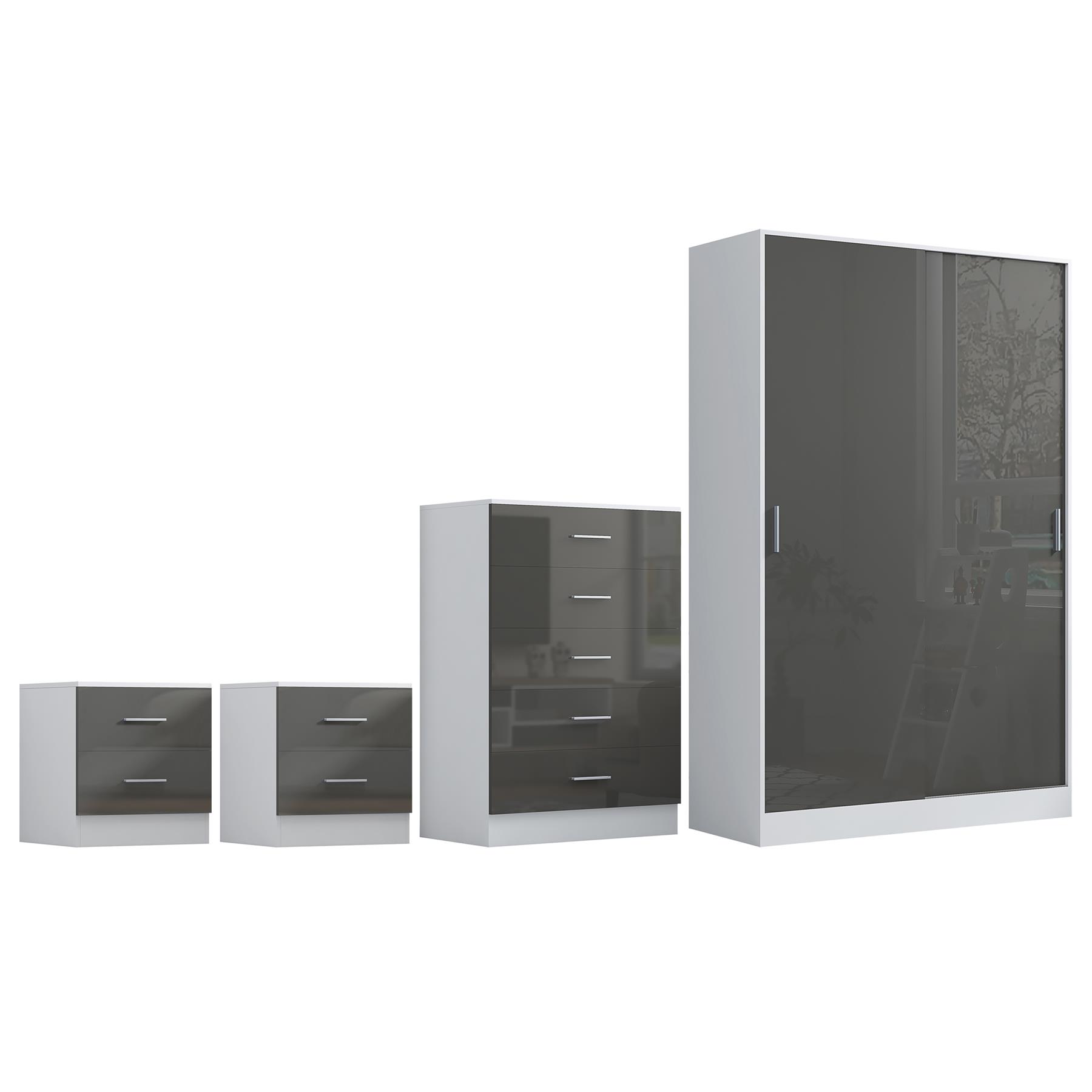 REFLECT Gloss 4pc Set - 2 Door Sliding Wardrobe + 5 Draw Chest + 2 Bedsides - Picture 26 of 41
