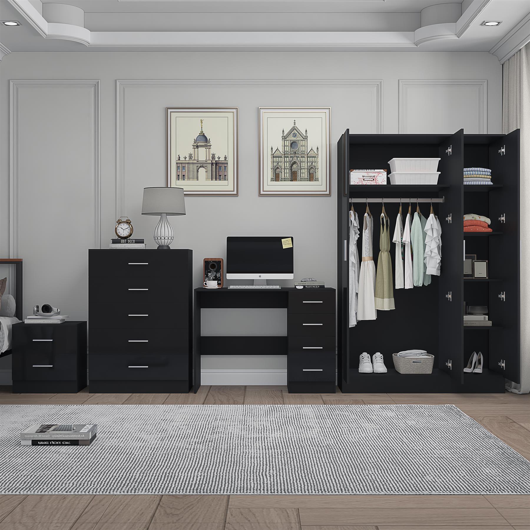 REFLECT Gloss 4pc Bedroom Set - 3 Door Wardrobe + Tall Chest + Bedside + Desk - Picture 5 of 41
