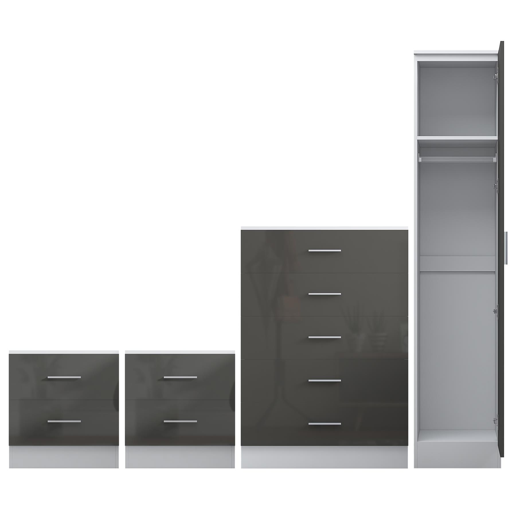REFLECT Gloss 4pc Bedroom Set - 1 Door Wardrobe + 5 Draw Chest + 2 Bedsides - Picture 30 of 49