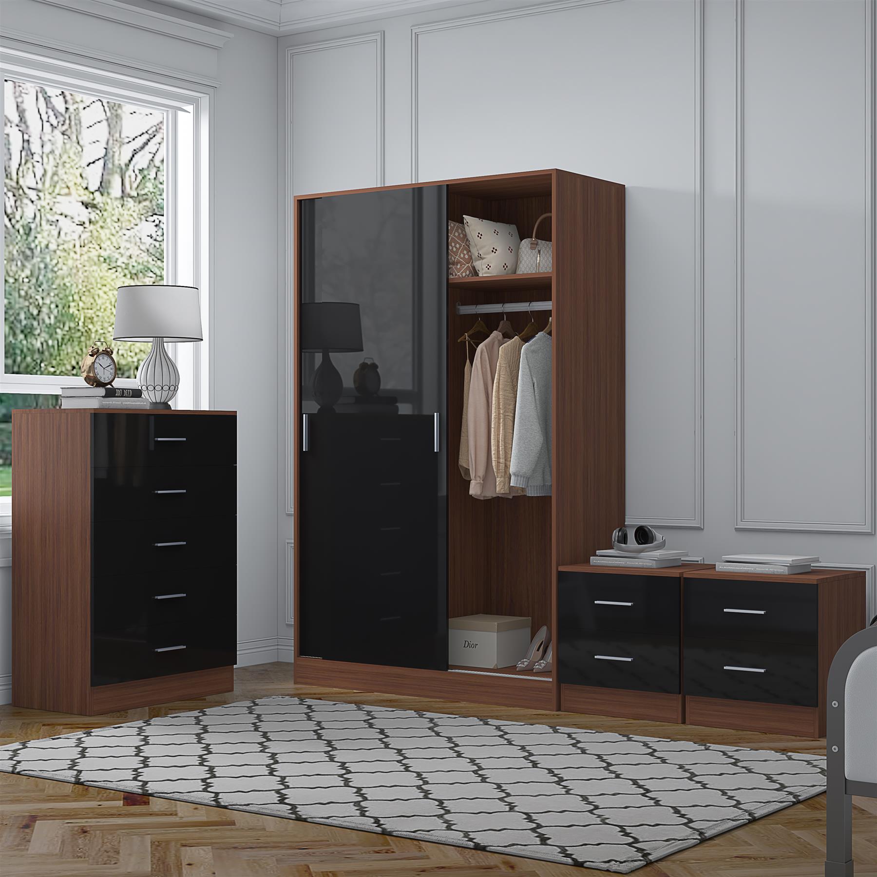 REFLECT Gloss 4pc Set - 2 Door Sliding Wardrobe + 5 Draw Chest + 2 Bedsides - Picture 12 of 41