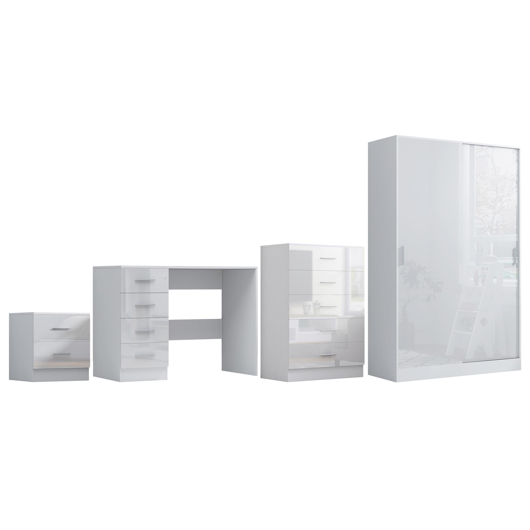 REFLECT Gloss 4pc Set - 2 Door Sliding Wardrobe + 5 Draw Chest + Bedside + Desk - Picture 36 of 41