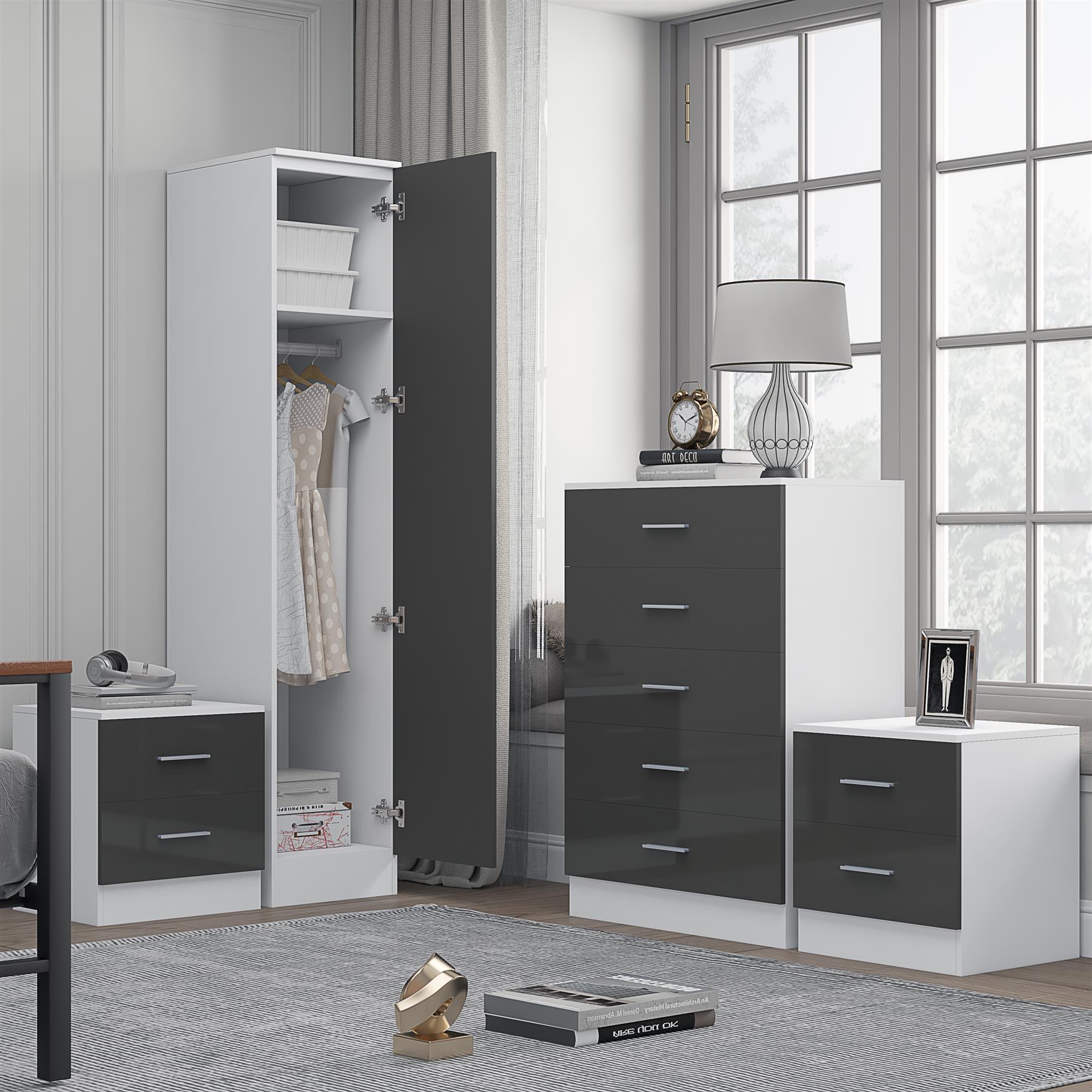REFLECT Gloss 4pc Bedroom Set - 1 Door Wardrobe + 5 Draw Chest + 2 Bedsides - Picture 27 of 49