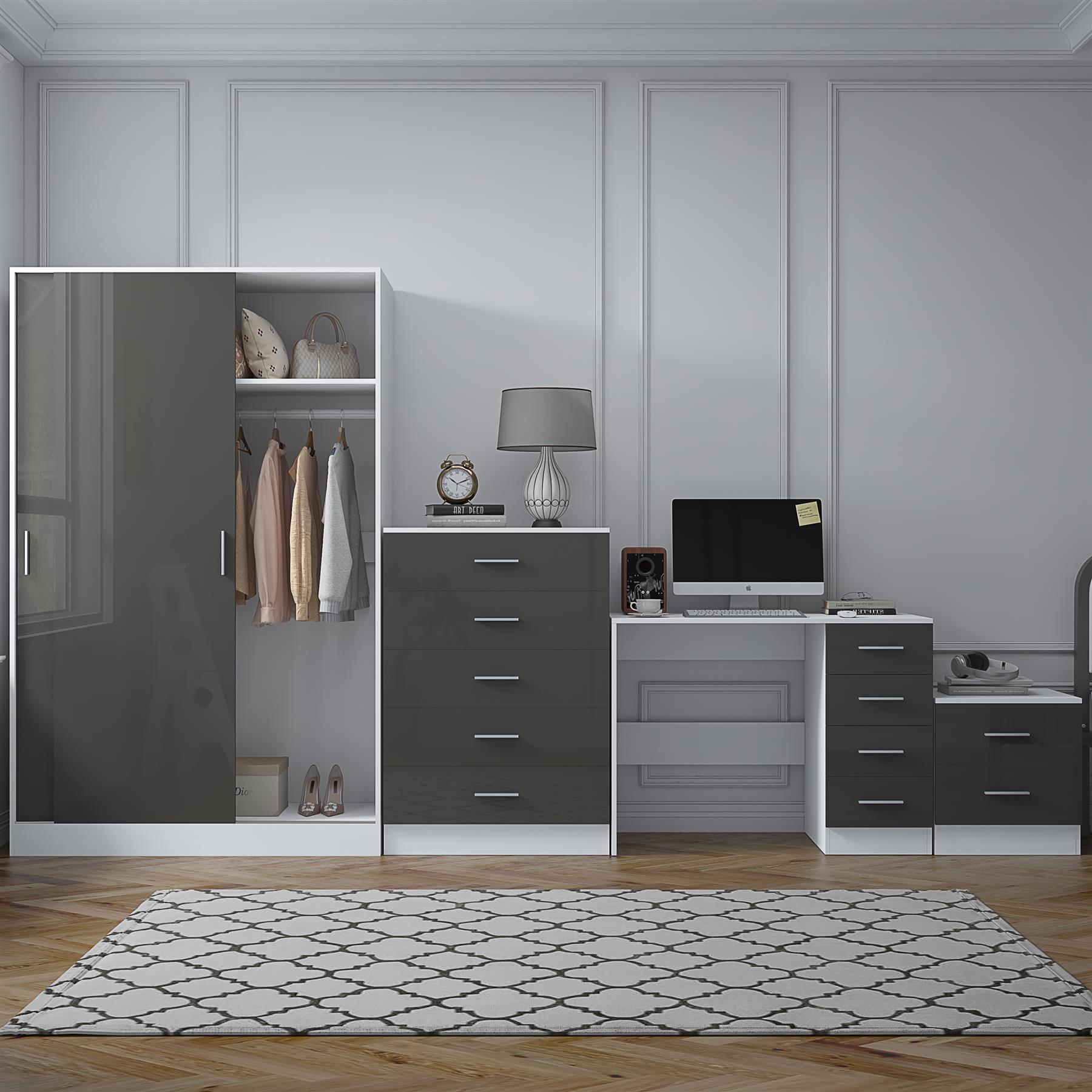 REFLECT Gloss 4pc Set - 2 Door Sliding Wardrobe + 5 Draw Chest + Bedside + Desk - Picture 24 of 41
