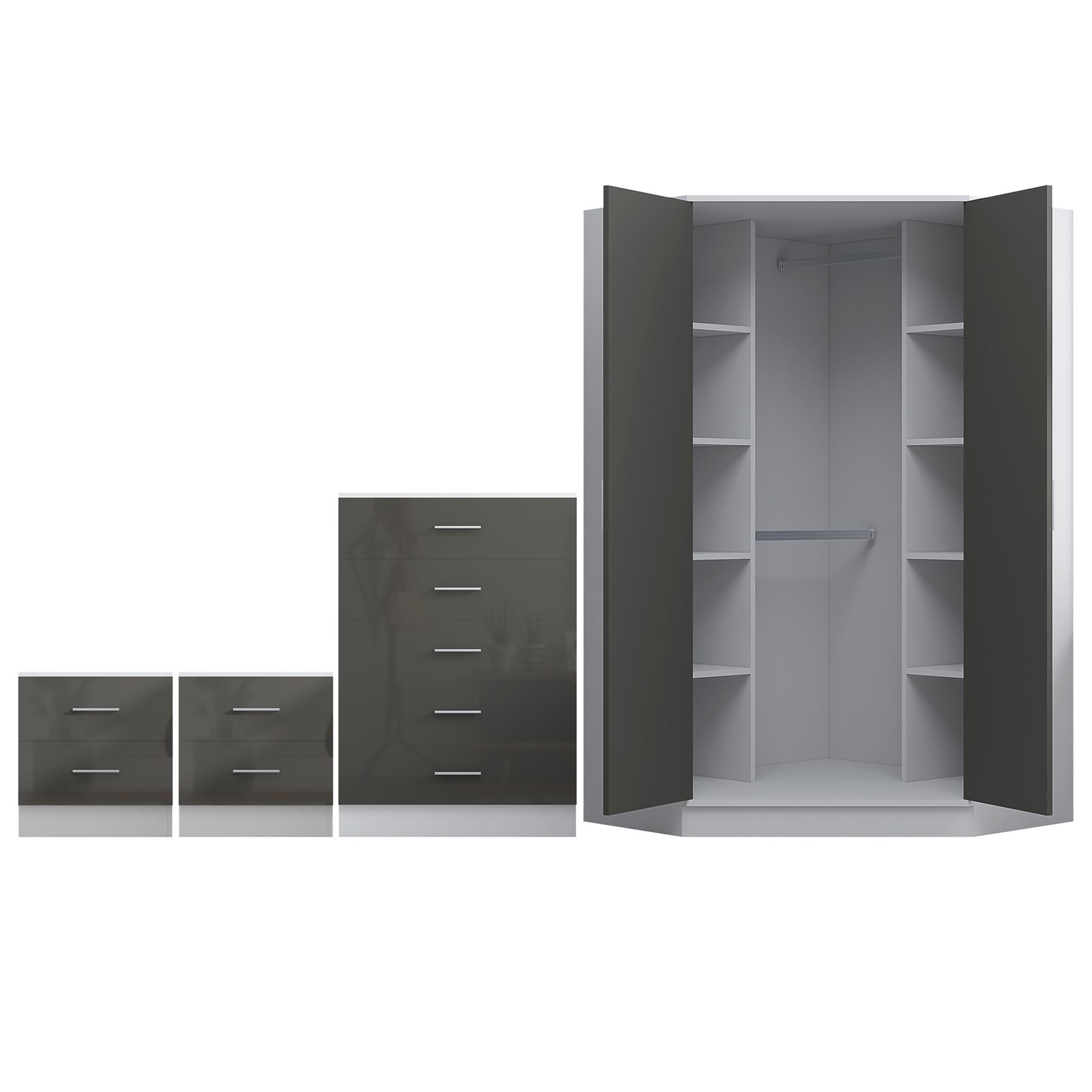REFLECT Gloss 4pc Set - 2 Door Corner Wardrobe + 5 Draw Chest + 2 Bedsides - Picture 28 of 41