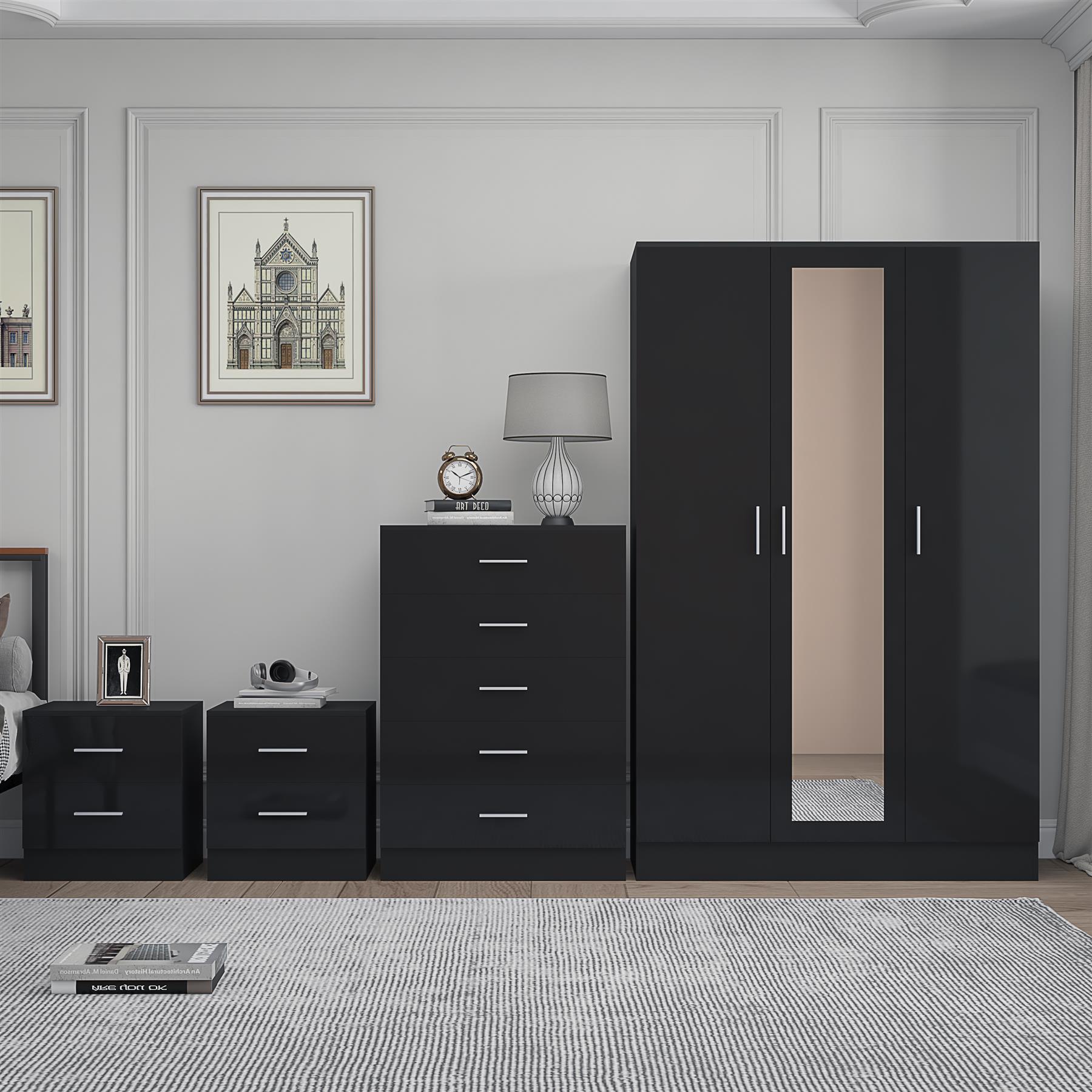 REFLECT Gloss 4pc Set - 3 Door Mirrored Wardrobe + 5 Draw Chest + 2 Bedsides - Picture 7 of 52