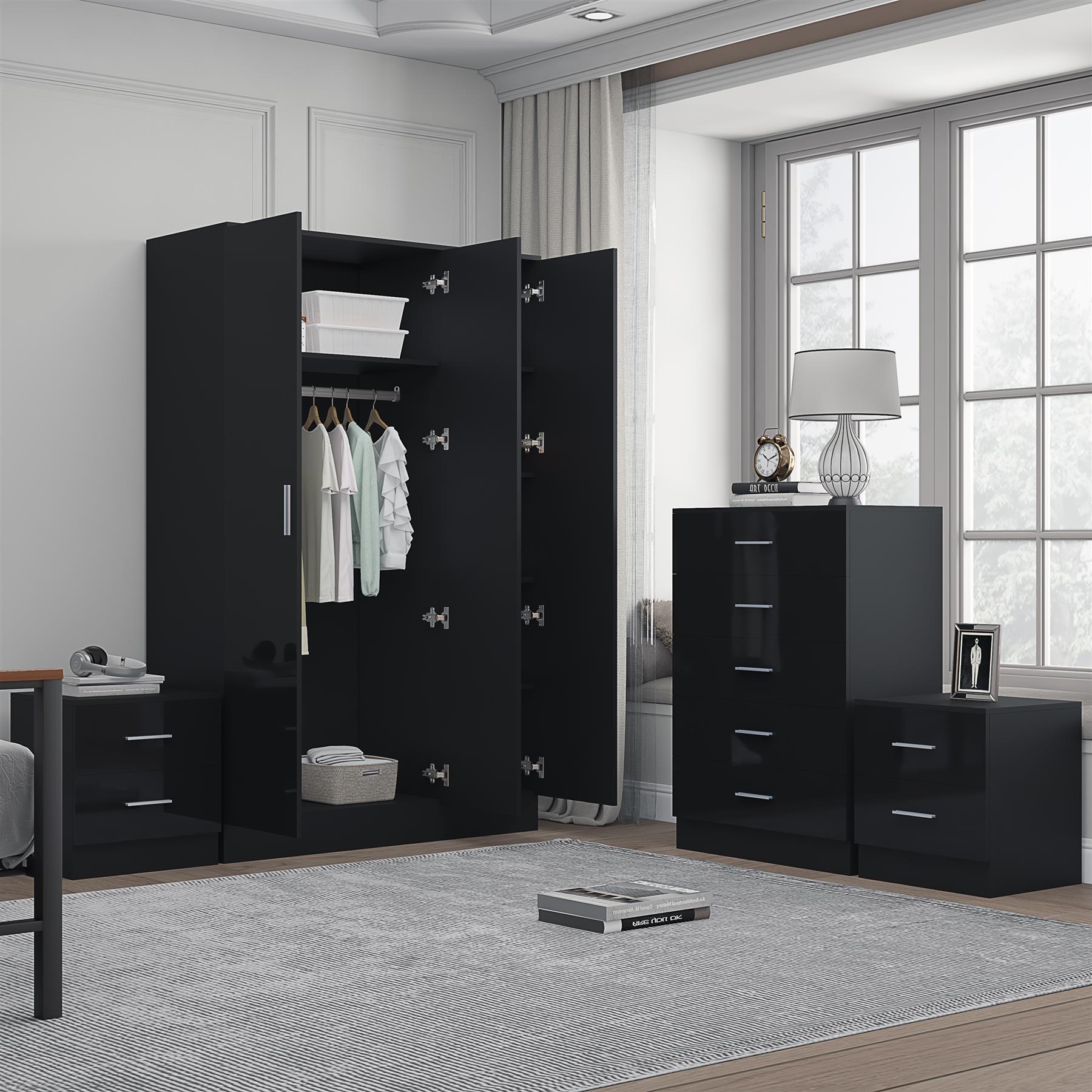 REFLECT Gloss 4pc Set - 3 Door Mirrored Wardrobe + 5 Draw Chest + 2 Bedsides - Picture 6 of 52