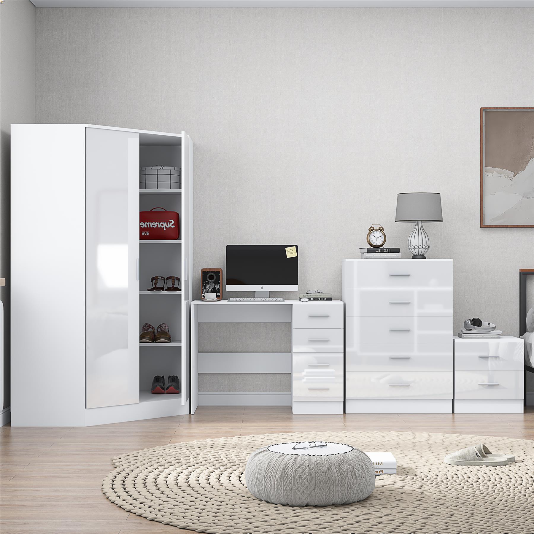 REFLECT Gloss 4pc Set - 2 Door Corner Wardrobe + 5 Draw Chest + Bedside + Desk - Picture 35 of 41