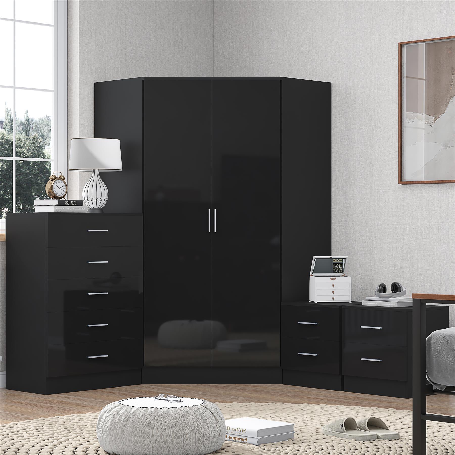 REFLECT Gloss 4pc Set - 2 Door Corner Wardrobe + 5 Draw Chest + 2 Bedsides - Picture 2 of 41