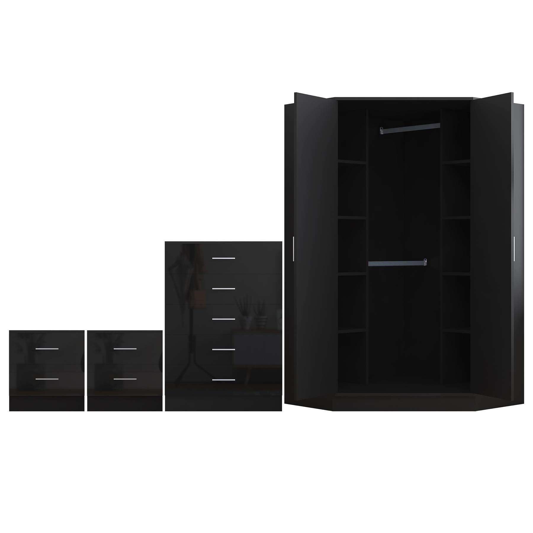 REFLECT Gloss 4pc Set - 2 Door Corner Wardrobe + 5 Draw Chest + 2 Bedsides - Picture 8 of 41