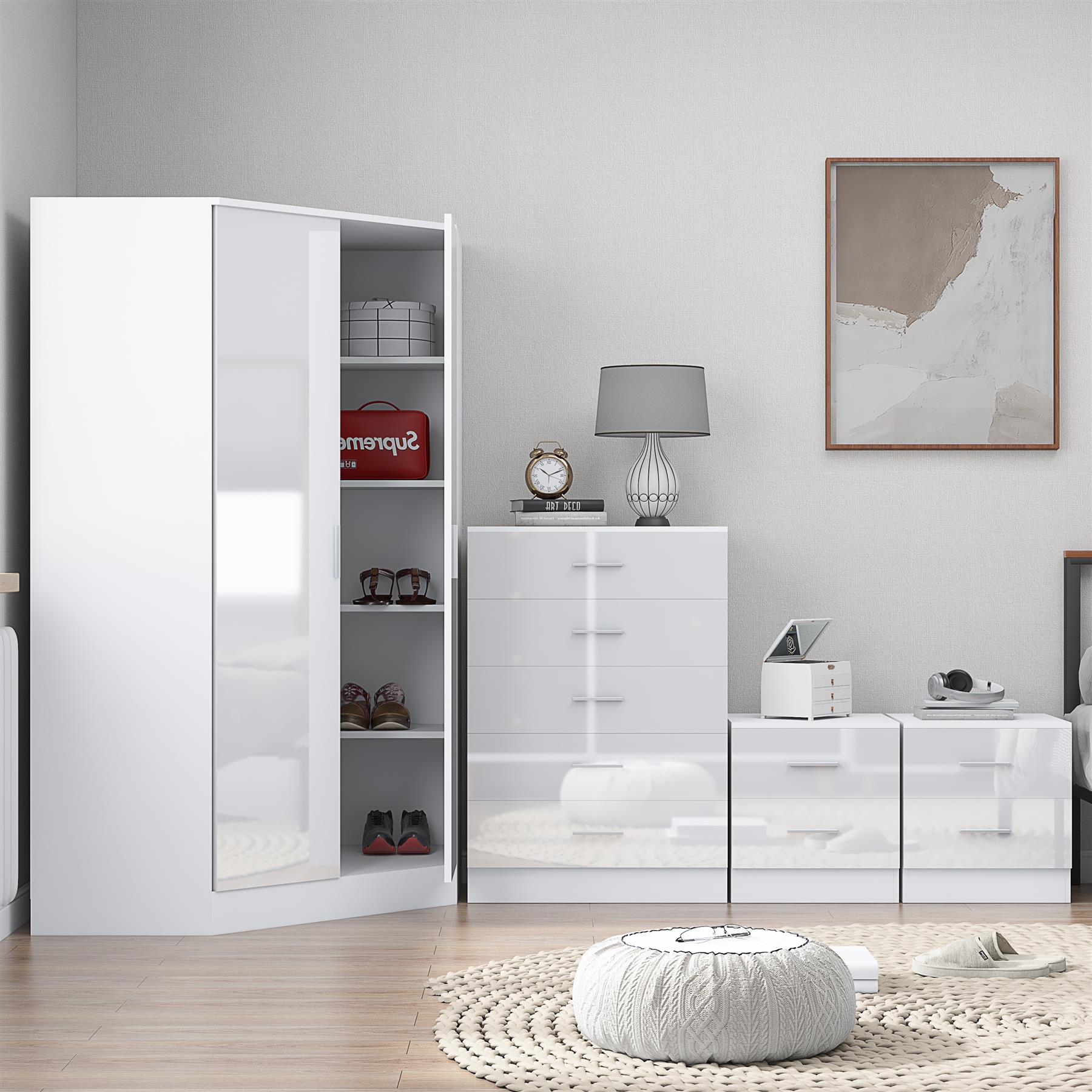 REFLECT Gloss 4pc Set - 2 Door Corner Wardrobe + 5 Draw Chest + 2 Bedsides - Picture 35 of 41