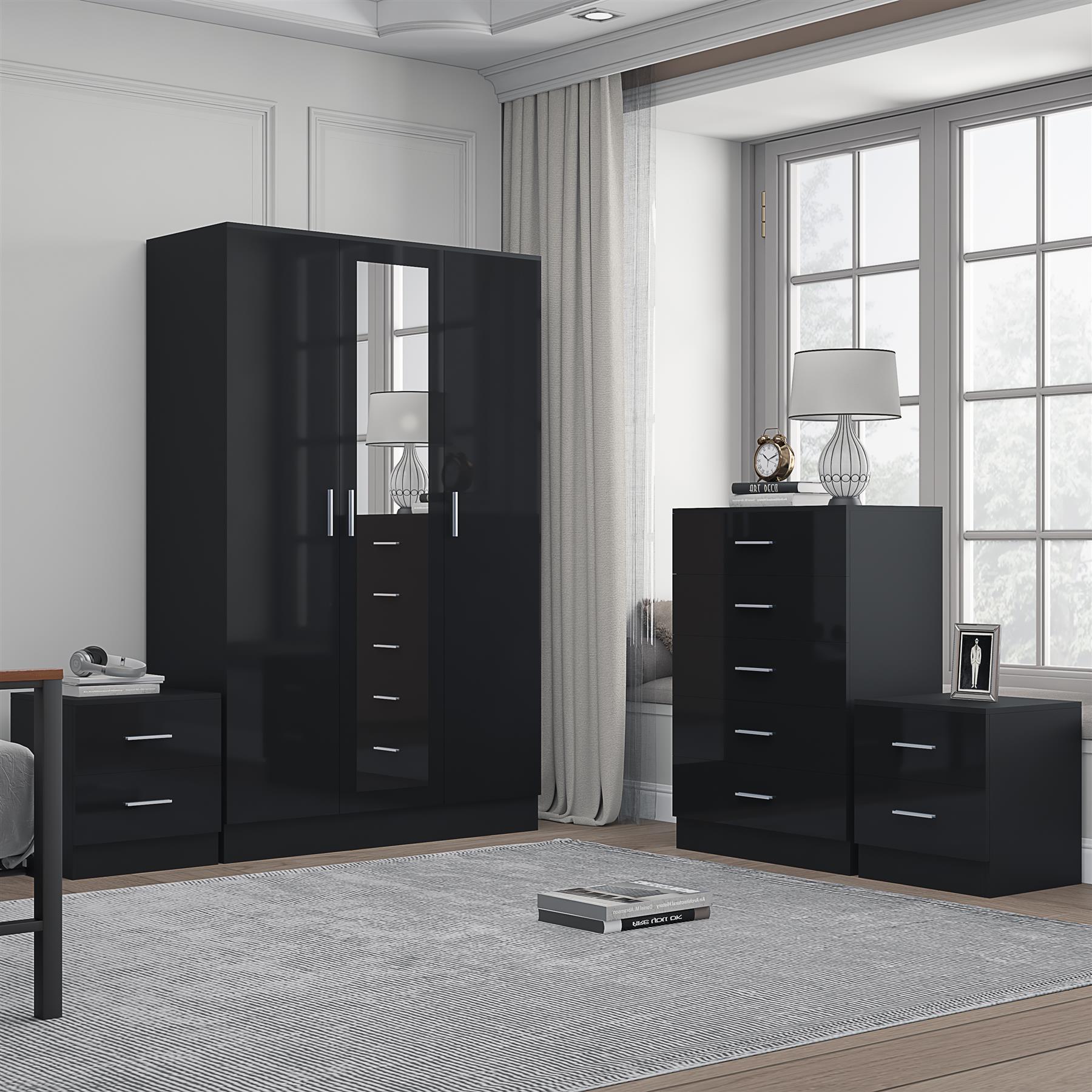 REFLECT Gloss 4pc Set - 3 Door Mirrored Wardrobe + 5 Draw Chest + 2 Bedsides - Picture 5 of 52