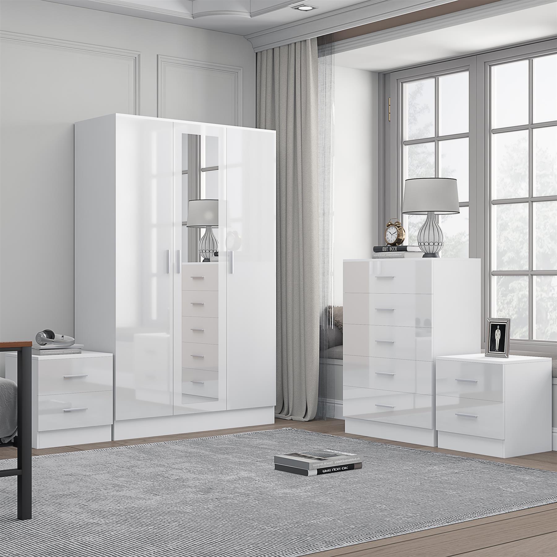REFLECT Gloss 4pc Set - 3 Door Mirrored Wardrobe + 5 Draw Chest + 2 Bedsides - Picture 41 of 52