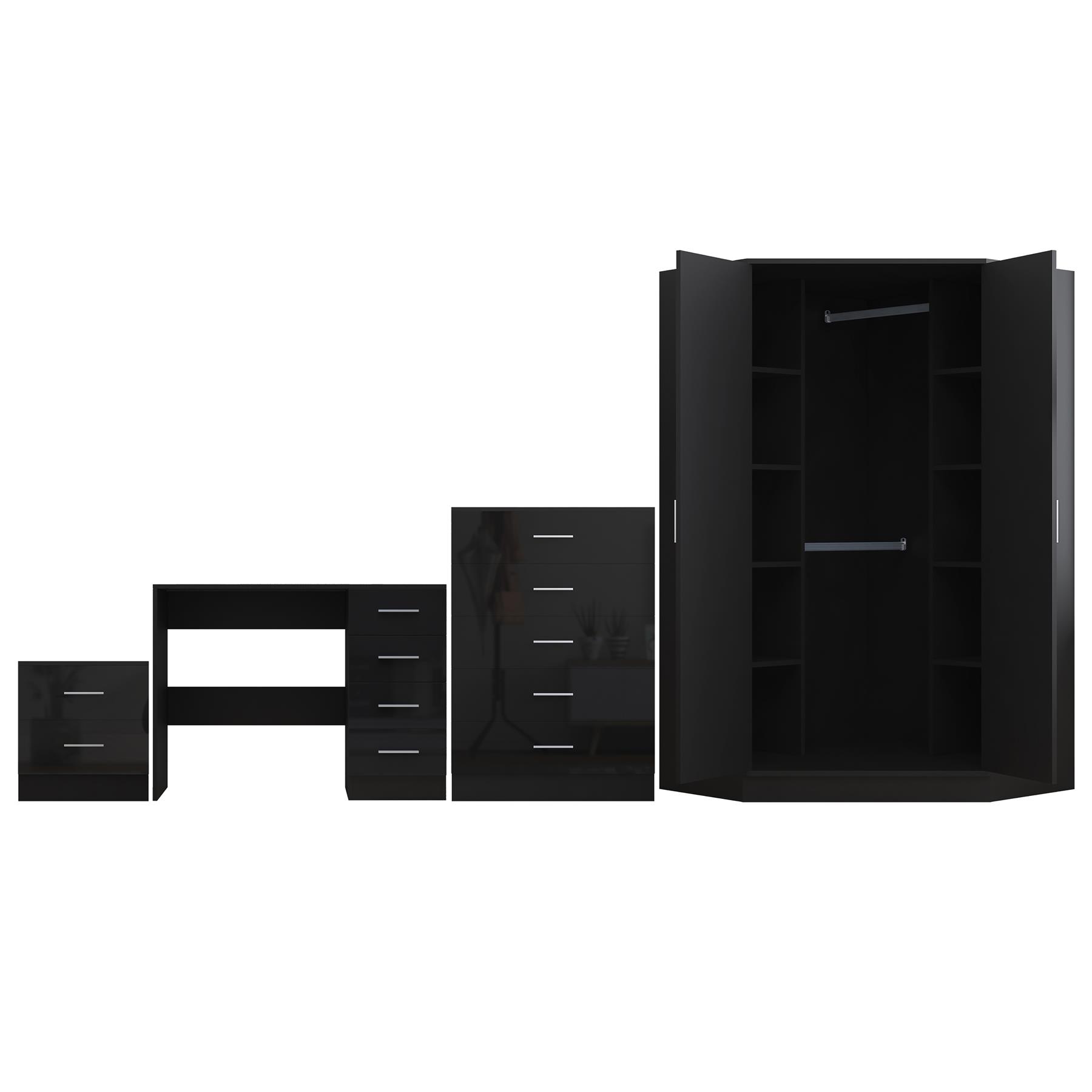 REFLECT Gloss 4pc Set - 2 Door Corner Wardrobe + 5 Draw Chest + Bedside + Desk - Picture 7 of 41