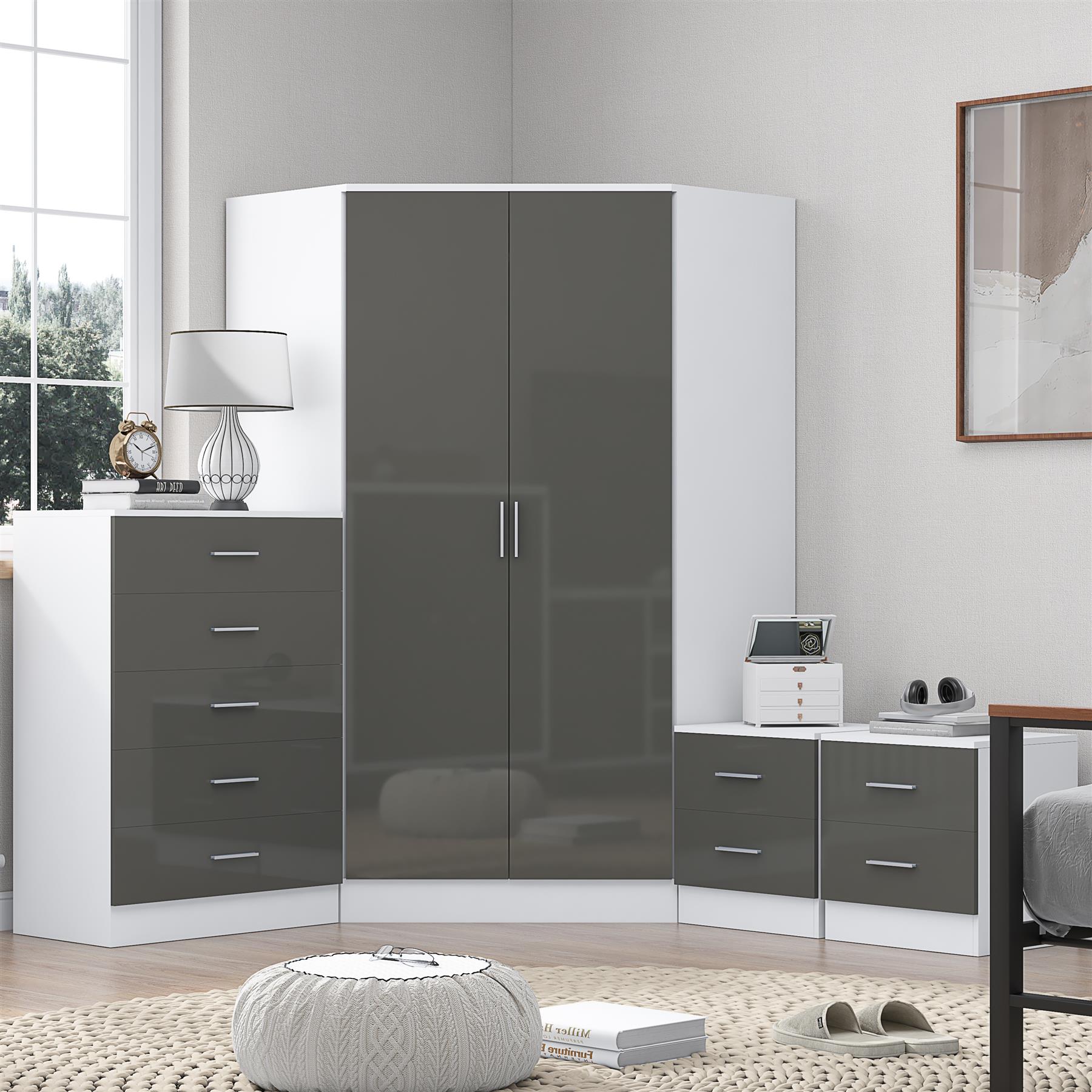 REFLECT Gloss 4pc Set - 2 Door Corner Wardrobe + 5 Draw Chest + 2 Bedsides - Picture 22 of 41