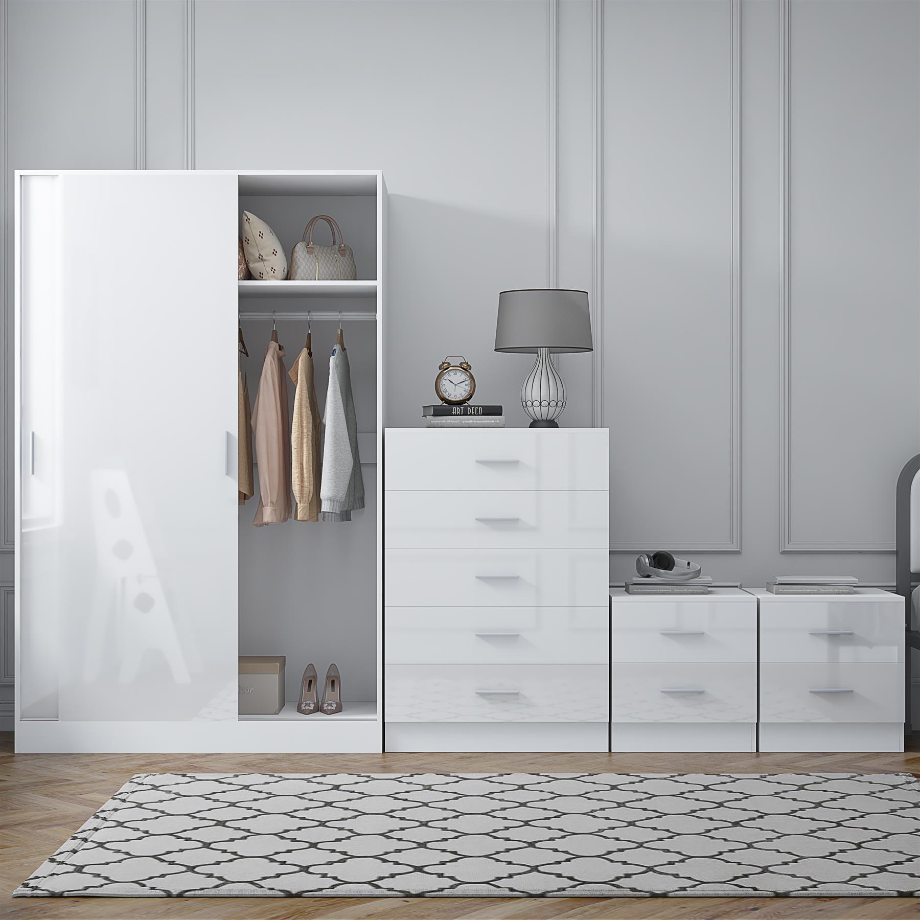 REFLECT Gloss 4pc Set - 2 Door Sliding Wardrobe + 5 Draw Chest + 2 Bedsides - Picture 34 of 41