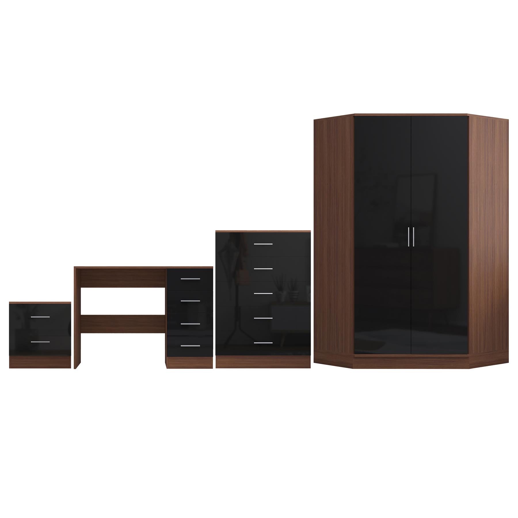 REFLECT Gloss 4pc Set - 2 Door Corner Wardrobe + 5 Draw Chest + Bedside + Desk - Picture 16 of 41