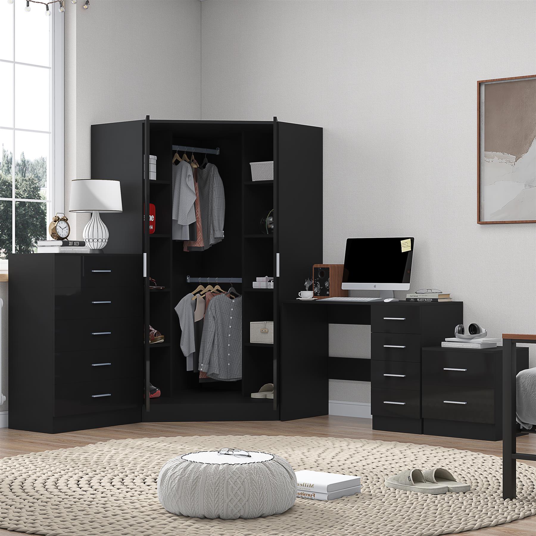 REFLECT Gloss 4pc Set - 2 Door Corner Wardrobe + 5 Draw Chest + Bedside + Desk - Picture 3 of 41