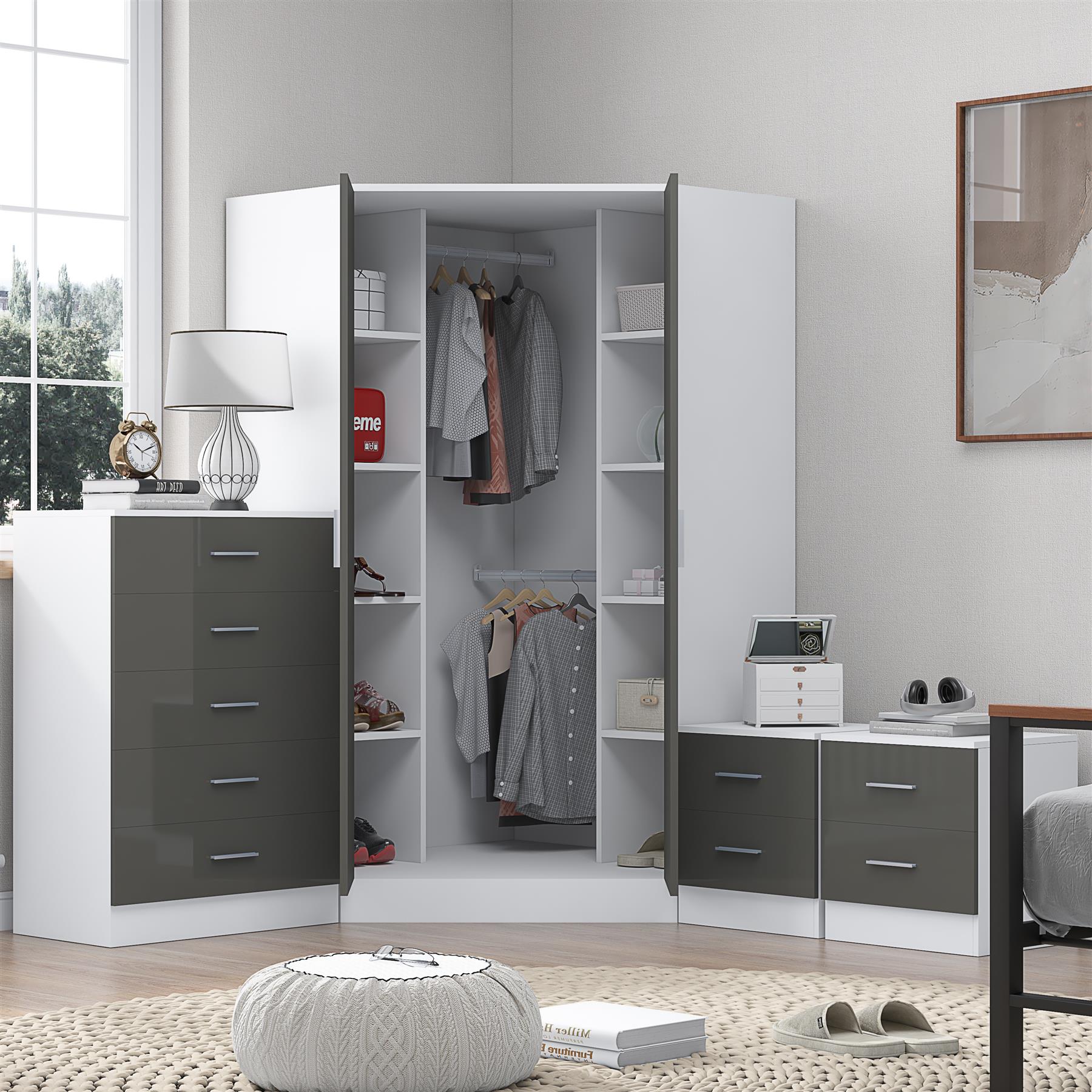 REFLECT Gloss 4pc Set - 2 Door Corner Wardrobe + 5 Draw Chest + 2 Bedsides - Picture 23 of 41