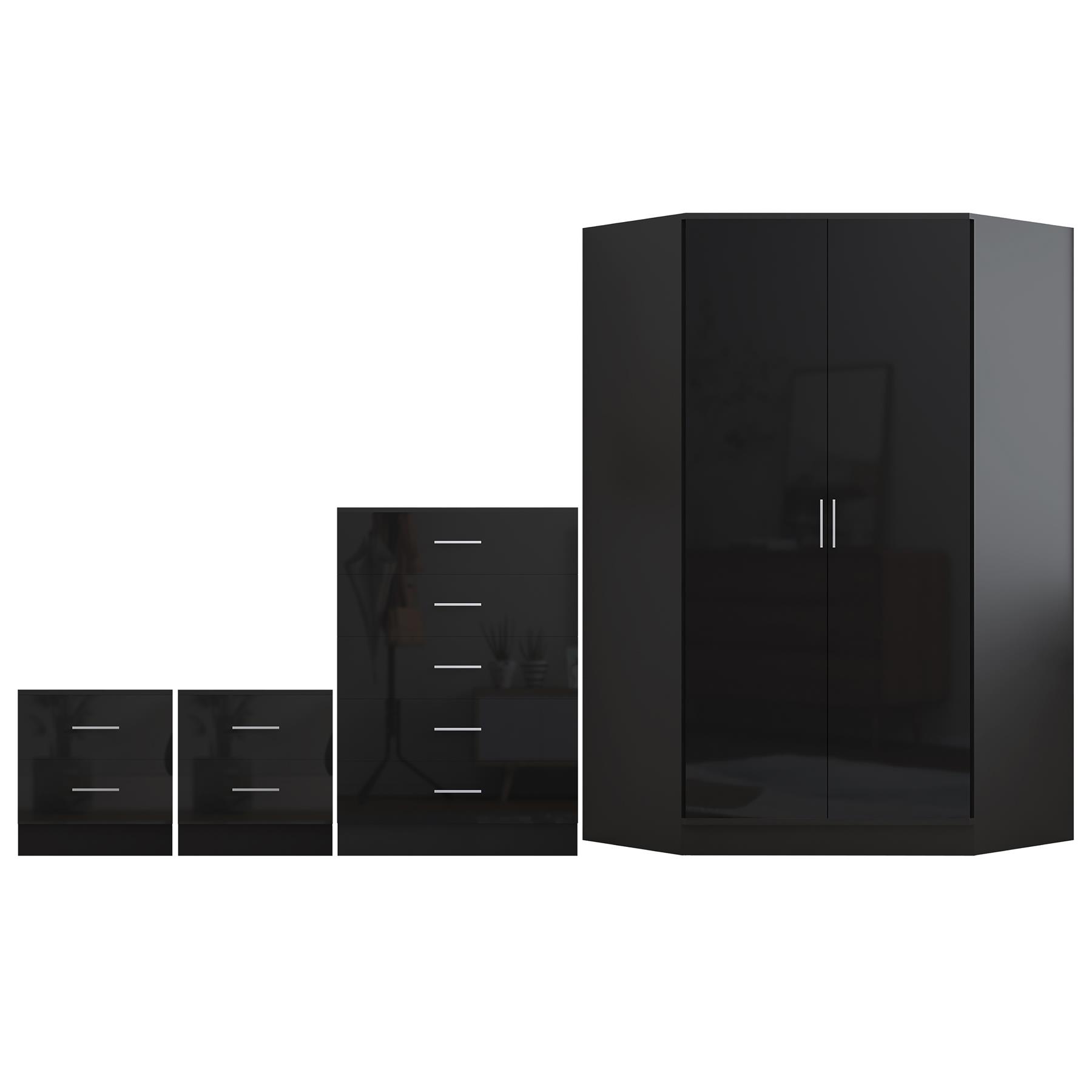 REFLECT Gloss 4pc Set - 2 Door Corner Wardrobe + 5 Draw Chest + 2 Bedsides - Picture 7 of 41