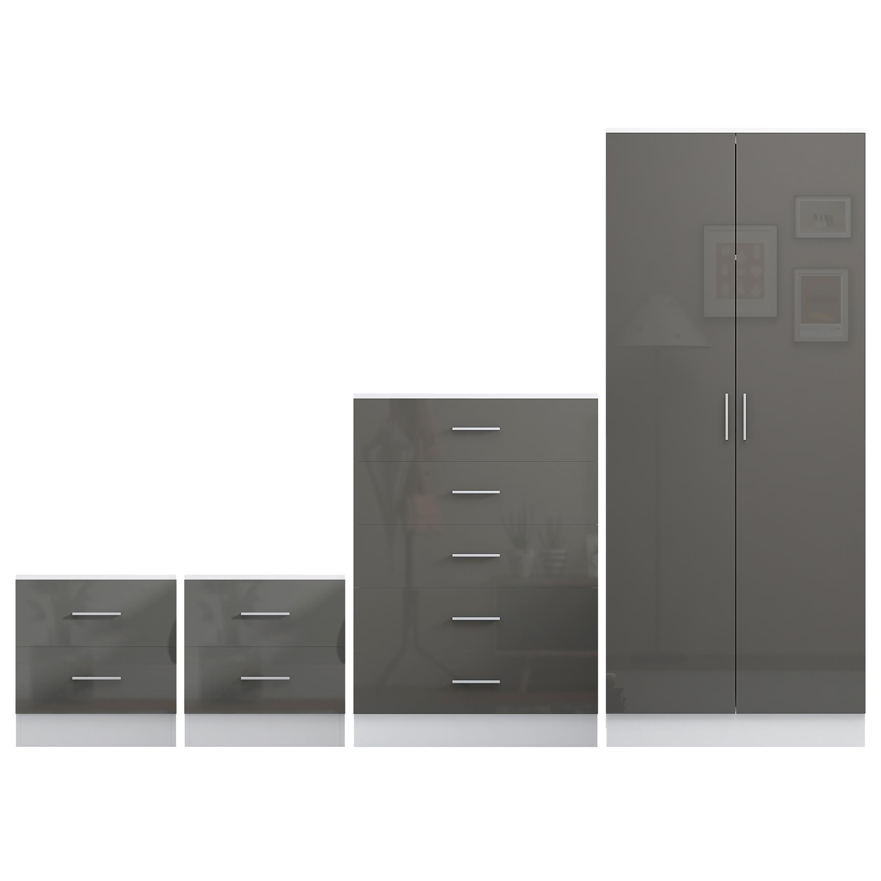 REFLECT Gloss 4pc Bedroom Set - 2 Door Wardrobe + 5 Draw Chest + 2 Bedsides - Picture 30 of 49