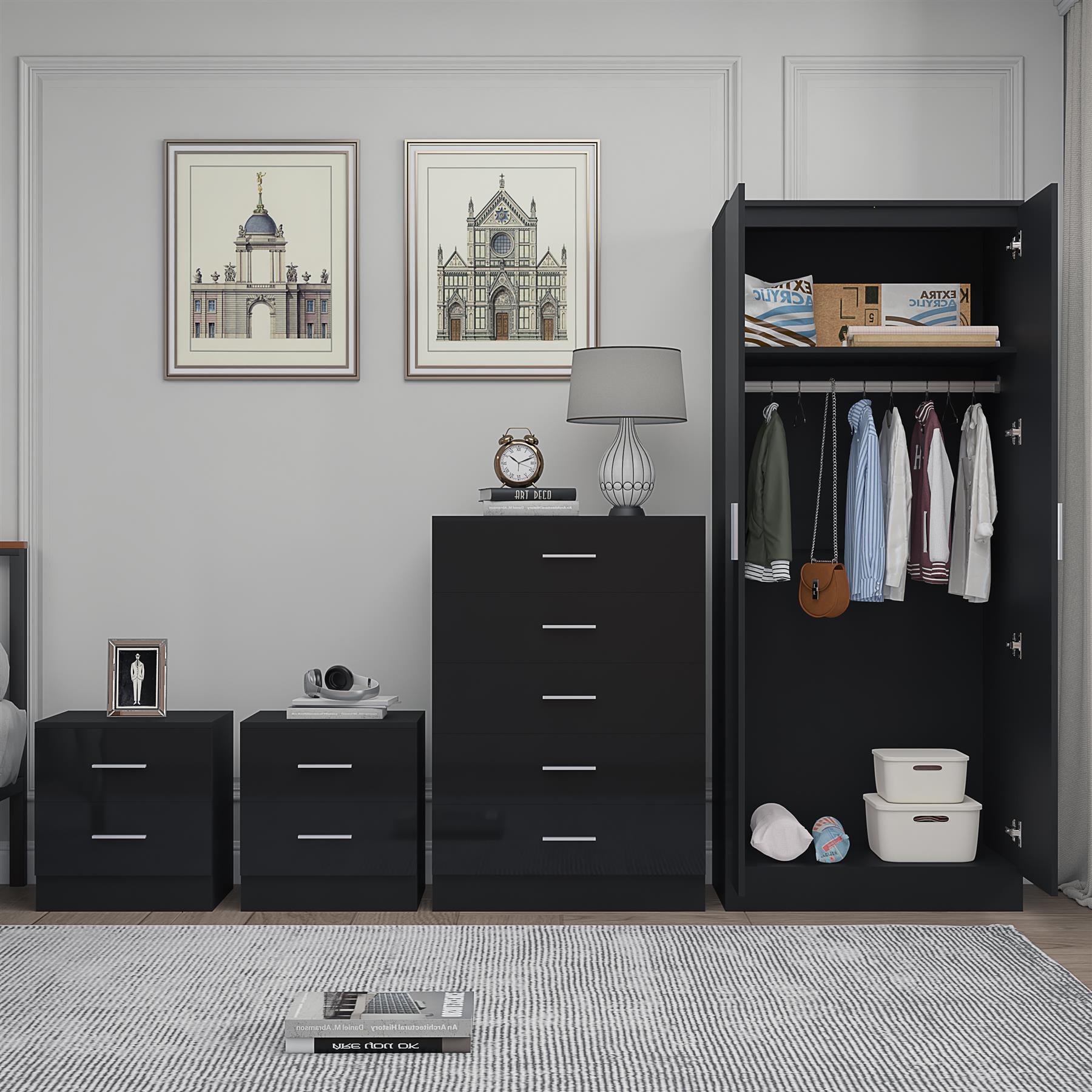 REFLECT Gloss 4pc Bedroom Set - 2 Door Wardrobe + 5 Draw Chest + 2 Bedsides - Picture 5 of 49