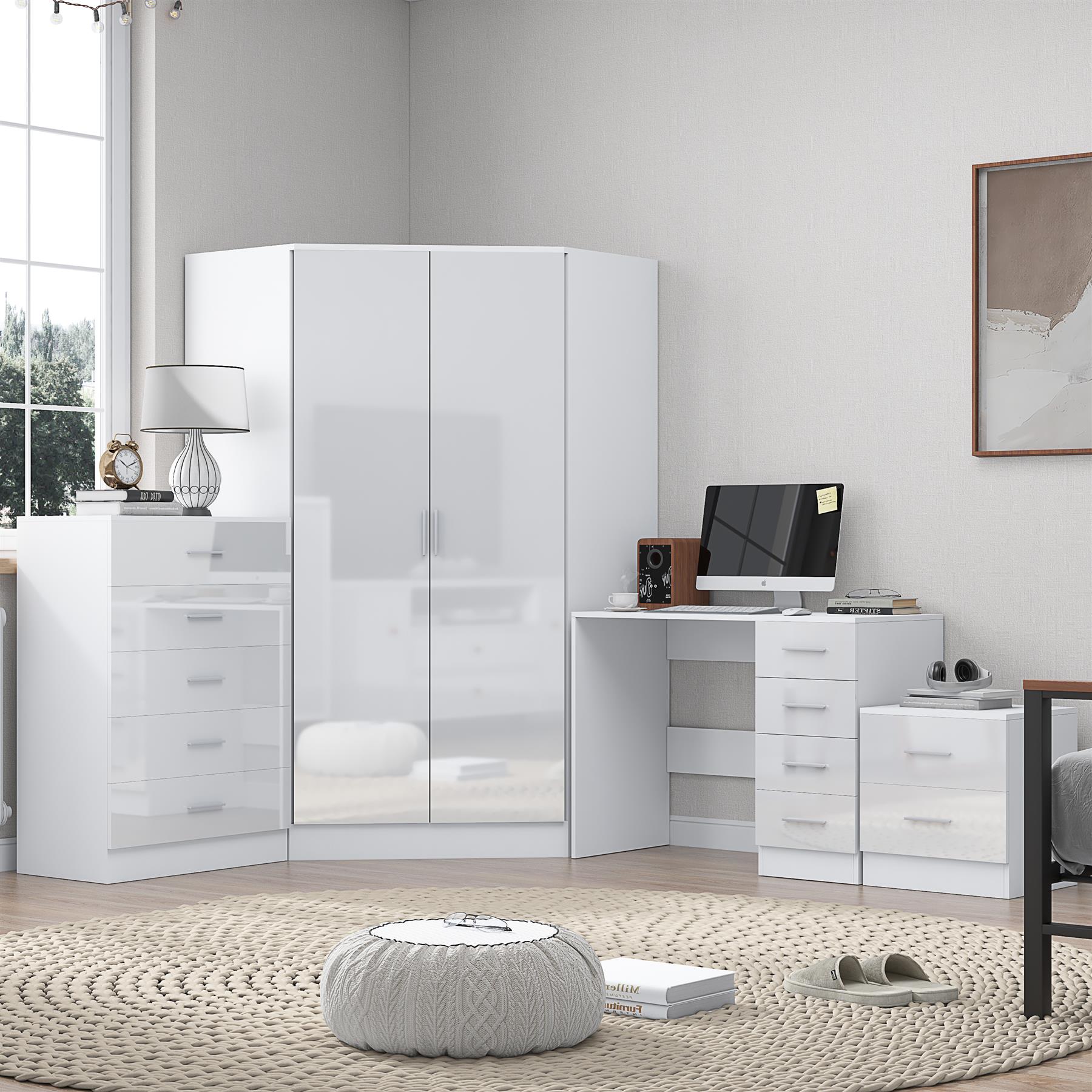 REFLECT Gloss 4pc Set - 2 Door Corner Wardrobe + 5 Draw Chest + Bedside + Desk - Picture 32 of 41