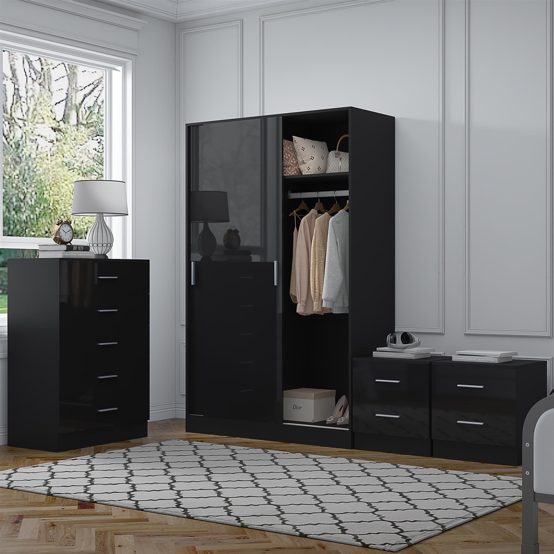 REFLECT Gloss 4pc Set - 2 Door Sliding Wardrobe + 5 Draw Chest + 2 Bedsides - Picture 2 of 41