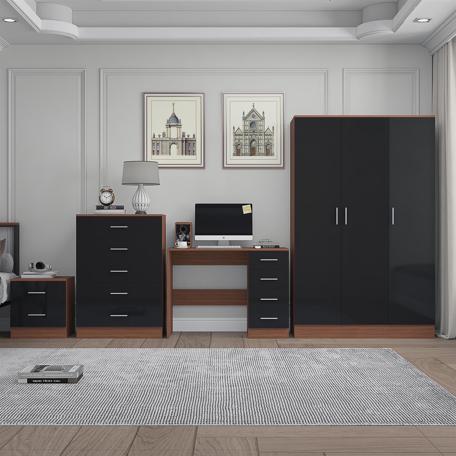 REFLECT Gloss 4pc Bedroom Set - 3 Door Wardrobe + Tall Chest + Bedside + Desk - Picture 14 of 41