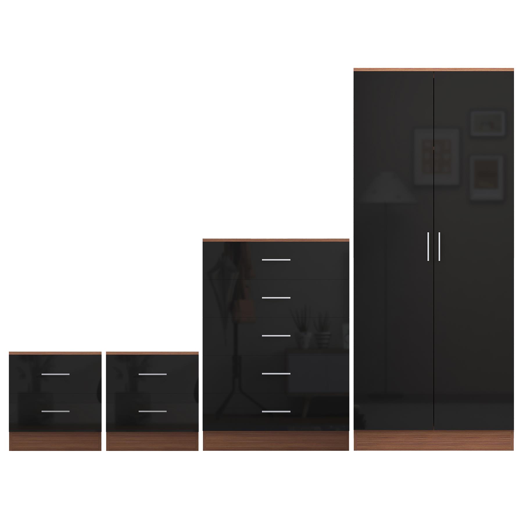 REFLECT Gloss 4pc Bedroom Set - 2 Door Wardrobe + 5 Draw Chest + 2 Bedsides - Picture 18 of 49