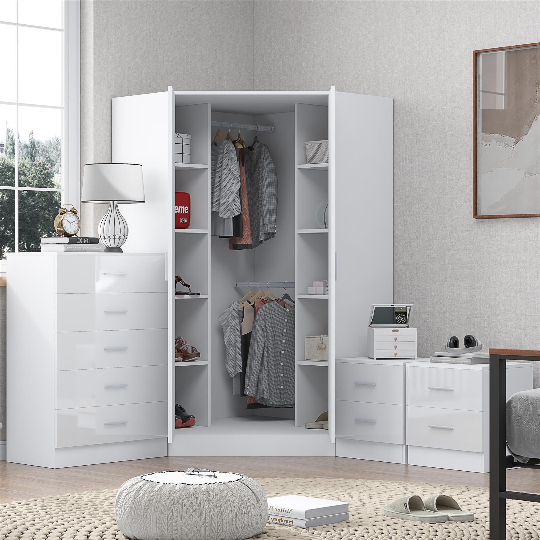 REFLECT Gloss 4pc Set - 2 Door Corner Wardrobe + 5 Draw Chest + 2 Bedsides - Picture 33 of 41