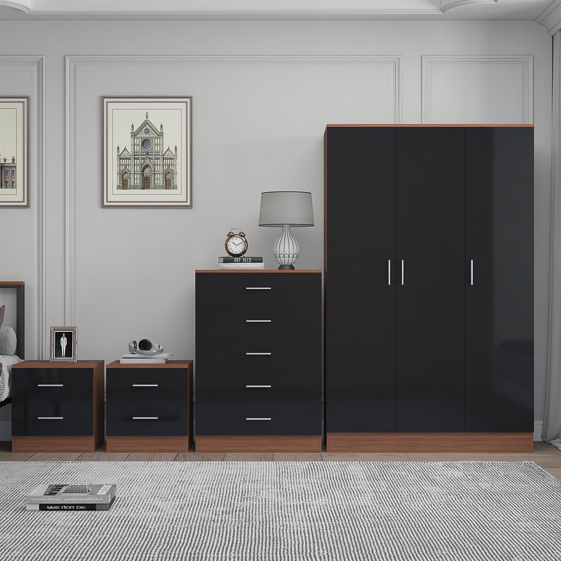 REFLECT Gloss 4pc Bedroom Set - 3 Door Wardrobe + 5 Draw Chest + 2 Bedsides - Picture 19 of 52