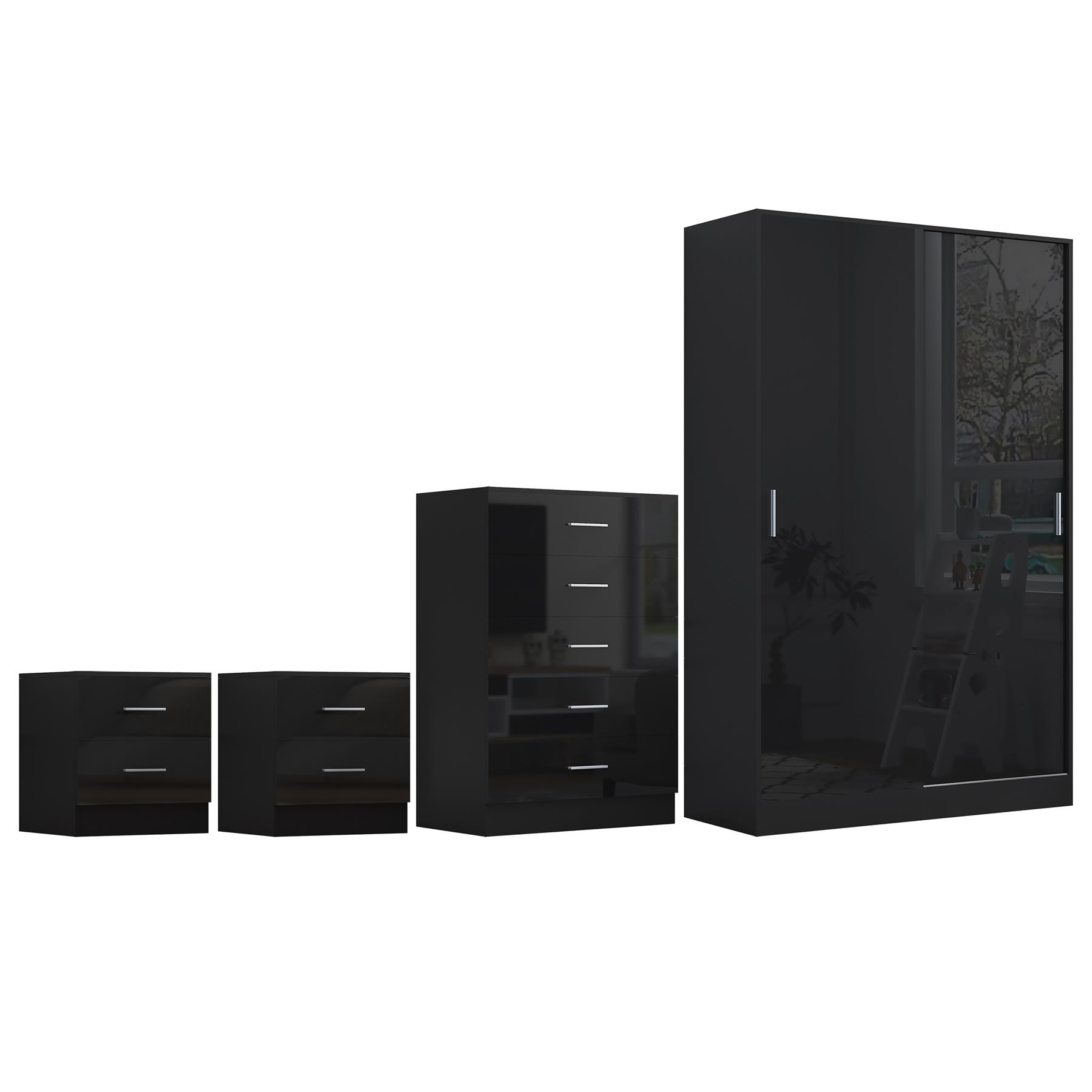 REFLECT Gloss 4pc Set - 2 Door Sliding Wardrobe + 5 Draw Chest + 2 Bedsides - Picture 6 of 41