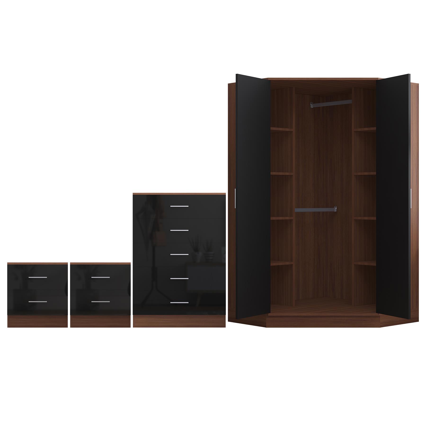 REFLECT Gloss 4pc Set - 2 Door Corner Wardrobe + 5 Draw Chest + 2 Bedsides - Picture 18 of 41