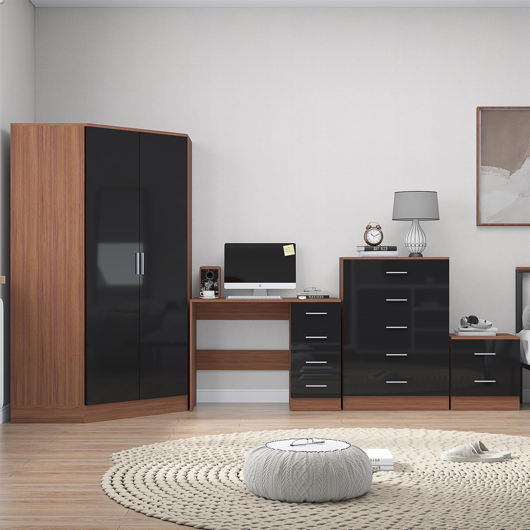 REFLECT Gloss 4pc Set - 2 Door Corner Wardrobe + 5 Draw Chest + Bedside + Desk - Picture 14 of 41