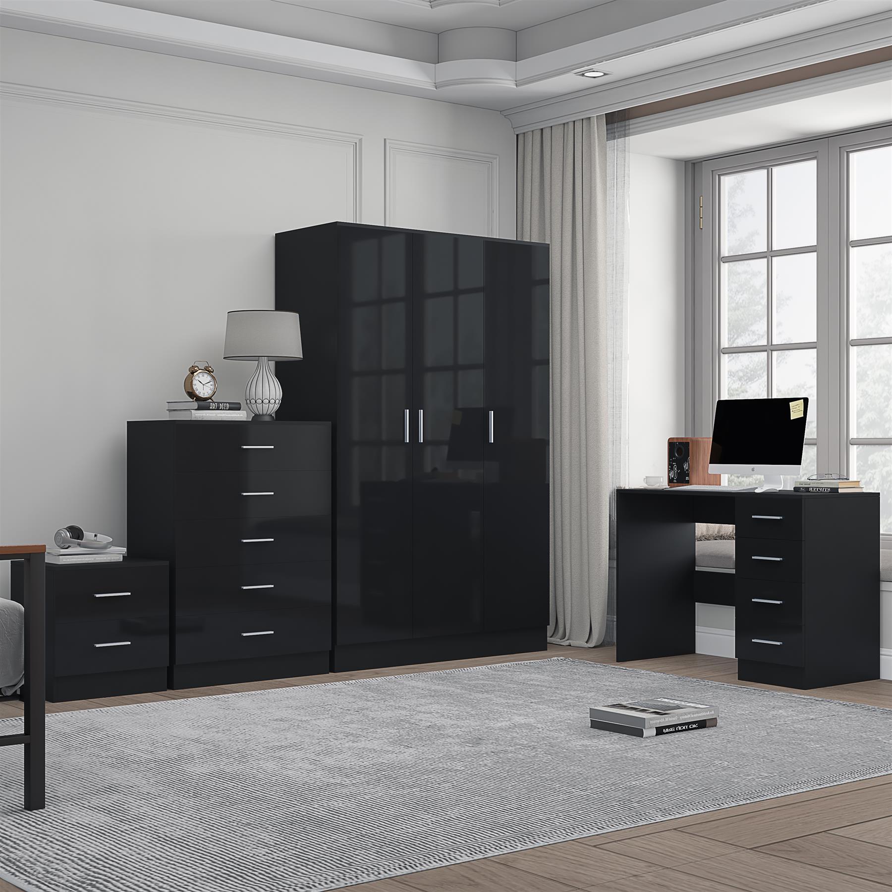 REFLECT Gloss 4pc Bedroom Set - 3 Door Wardrobe + Tall Chest + Bedside + Desk - Picture 2 of 41