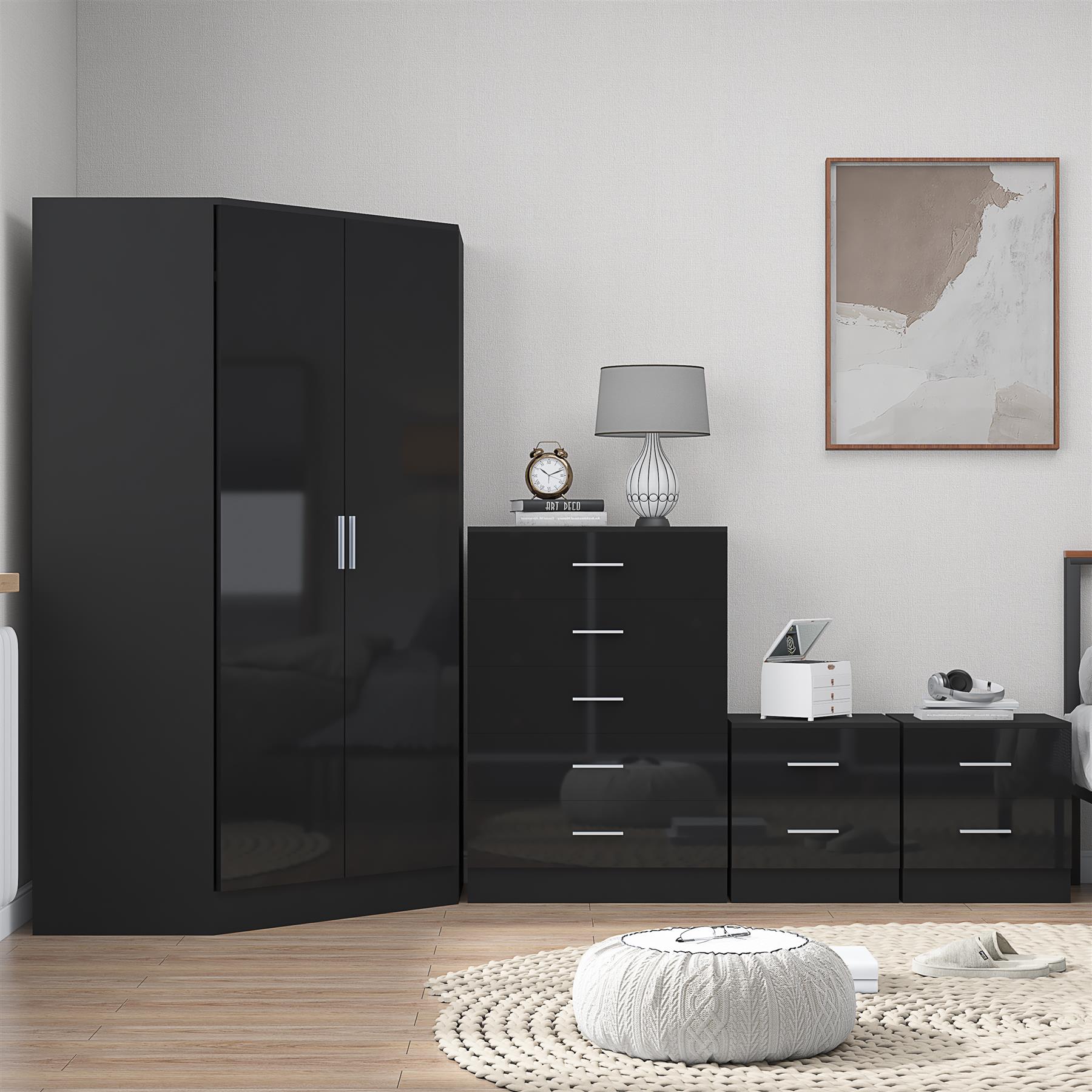 REFLECT Gloss 4pc Set - 2 Door Corner Wardrobe + 5 Draw Chest + 2 Bedsides - Picture 4 of 41