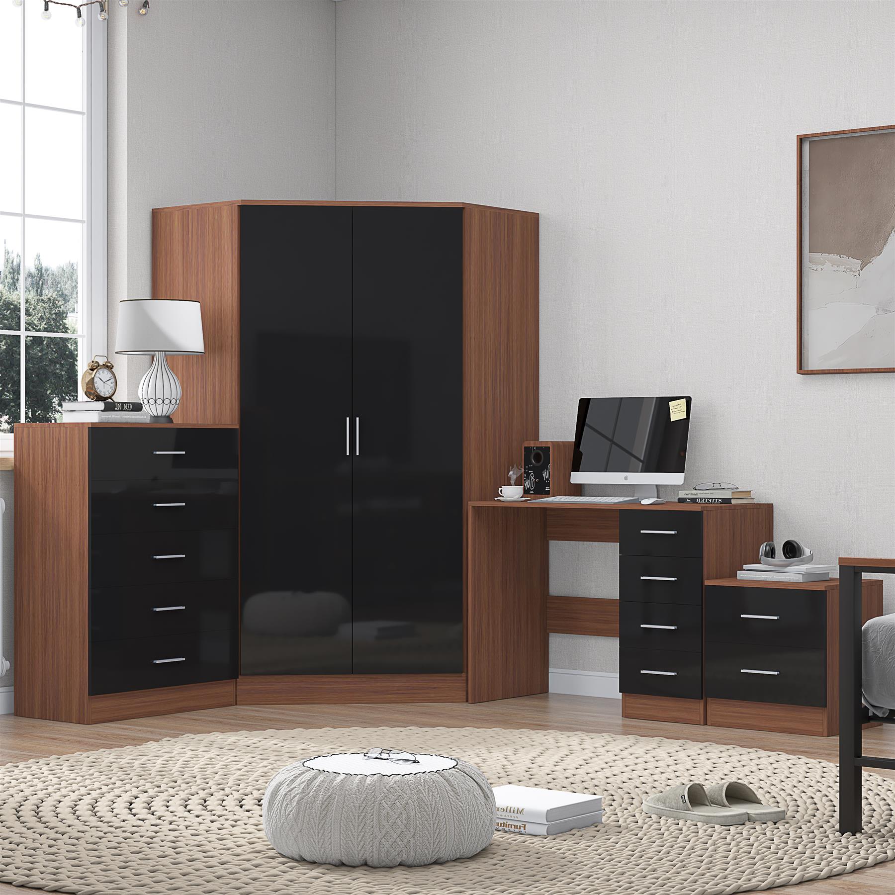 REFLECT Gloss 4pc Set - 2 Door Corner Wardrobe + 5 Draw Chest + Bedside + Desk - Picture 12 of 41
