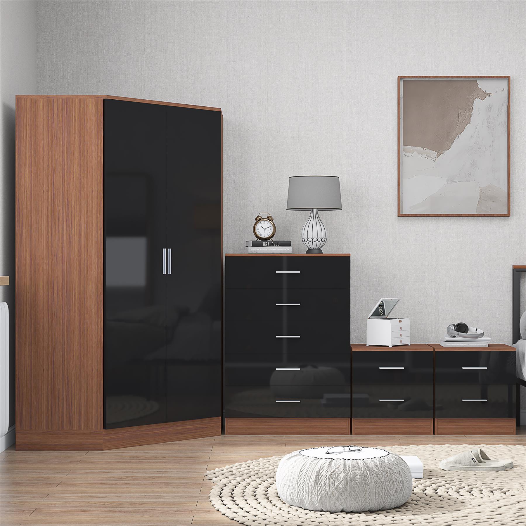 REFLECT Gloss 4pc Set - 2 Door Corner Wardrobe + 5 Draw Chest + 2 Bedsides - Picture 14 of 41