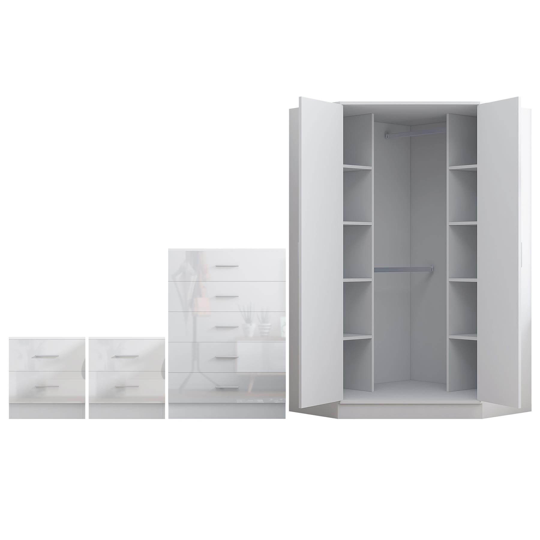REFLECT Gloss 4pc Set - 2 Door Corner Wardrobe + 5 Draw Chest + 2 Bedsides - Picture 38 of 41