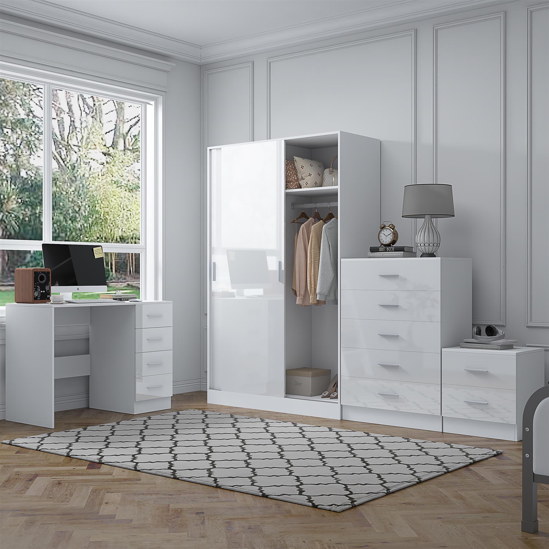 REFLECT Gloss 4pc Set - 2 Door Sliding Wardrobe + 5 Draw Chest + Bedside + Desk - Picture 32 of 41