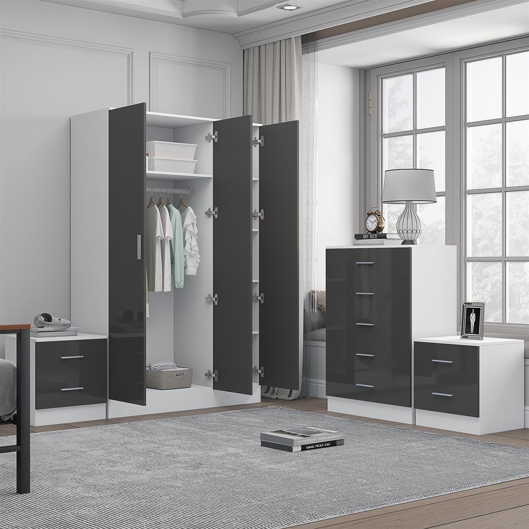 REFLECT Gloss 4pc Set - 3 Door Mirrored Wardrobe + 5 Draw Chest + 2 Bedsides - Picture 30 of 52