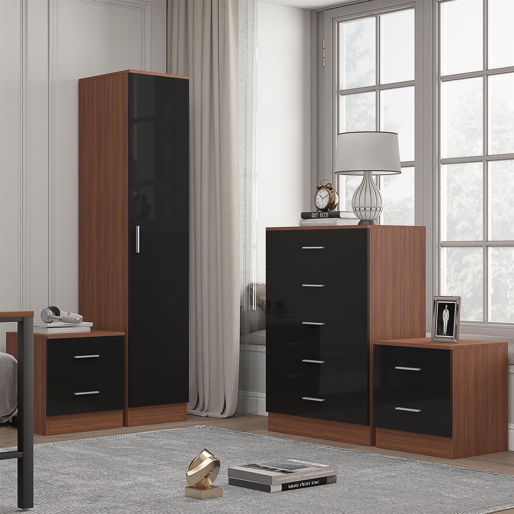 REFLECT Gloss 4pc Bedroom Set - 1 Door Wardrobe + 5 Draw Chest + 2 Bedsides - Picture 14 of 49